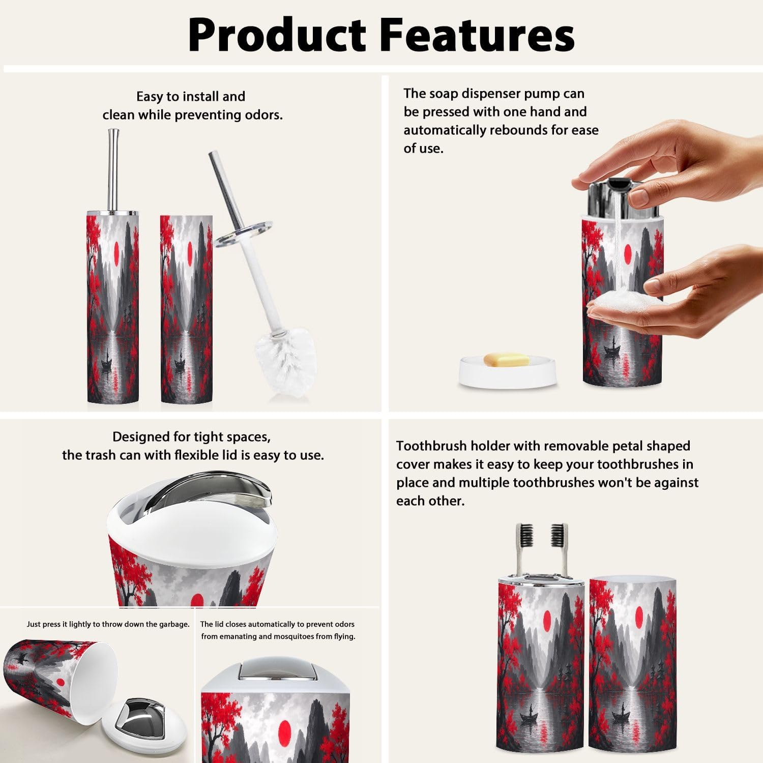 Boho Japanese Style 6-Piece Bathroom Accessory Set