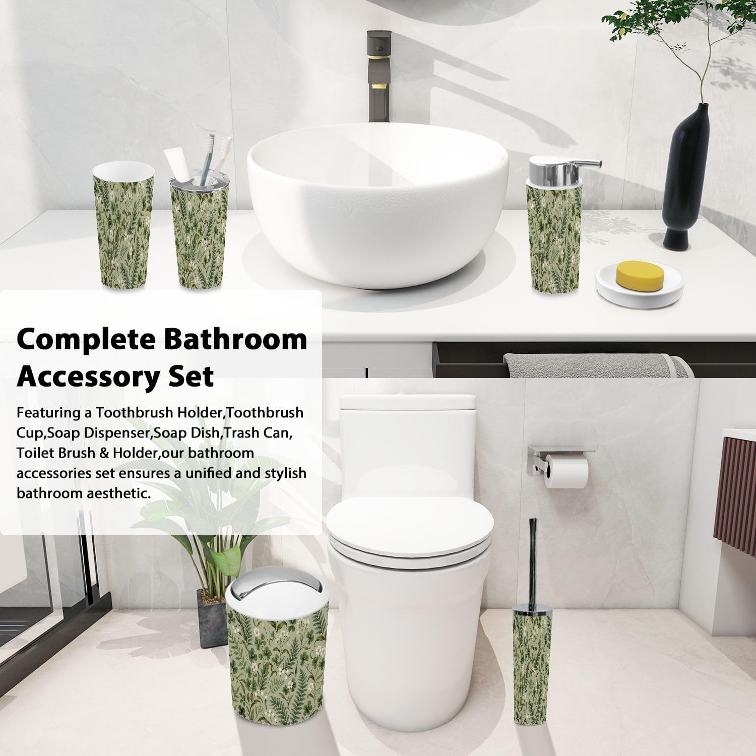 Boho Bathroom Accessory Set 6 Piece White Flowers Fern Leaves