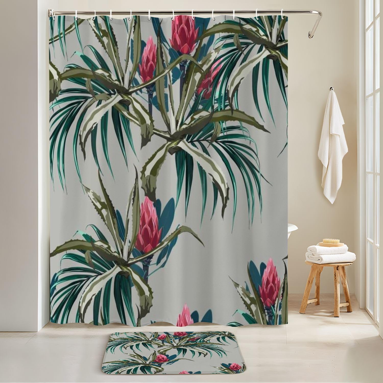 JCOOKLOFTS 4-Piece Shower Curtain Set with Floral Pattern