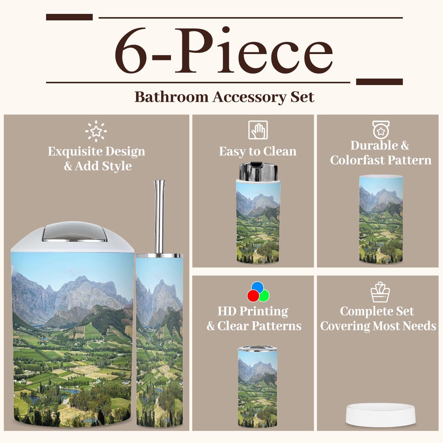 6 Piece Bathroom Accessories Set with Boho Decor 1