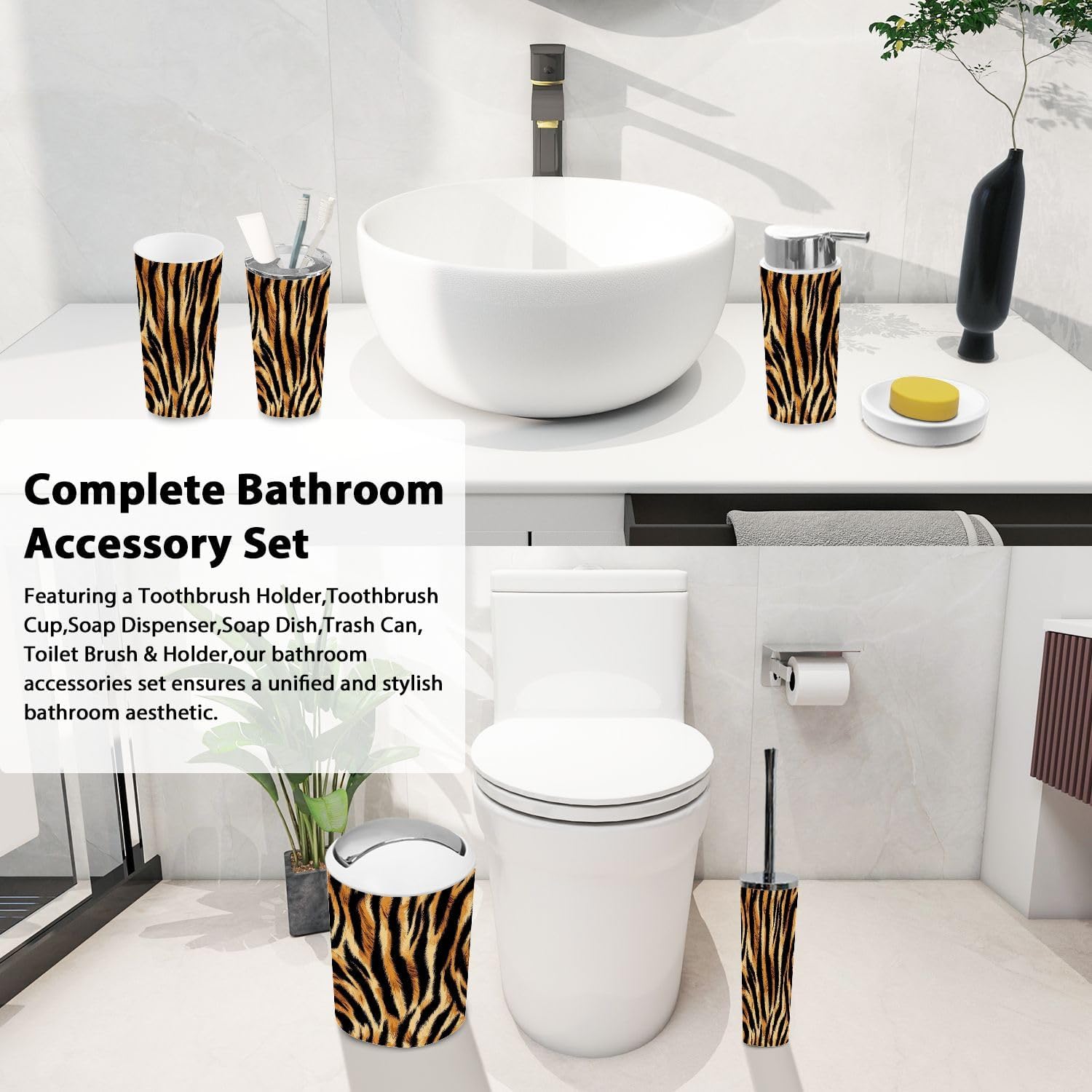 TRANQDEHOM 6-Piece Boho Tiger Skin Pattern Bathroom Accessory Set