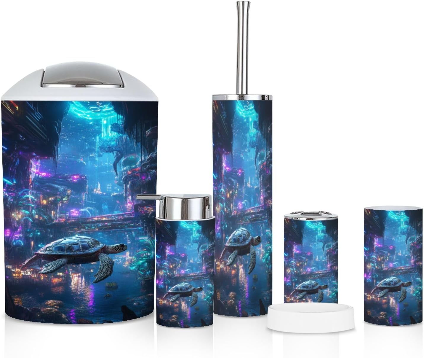 6-Piece Bathroom Accessories Set with Robotic Sea Turtle and Bioluminescent Plants