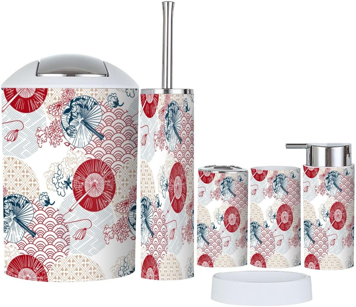 6pcs Bathroom Accessories Set Red Blue Fans Flower Japanese Design