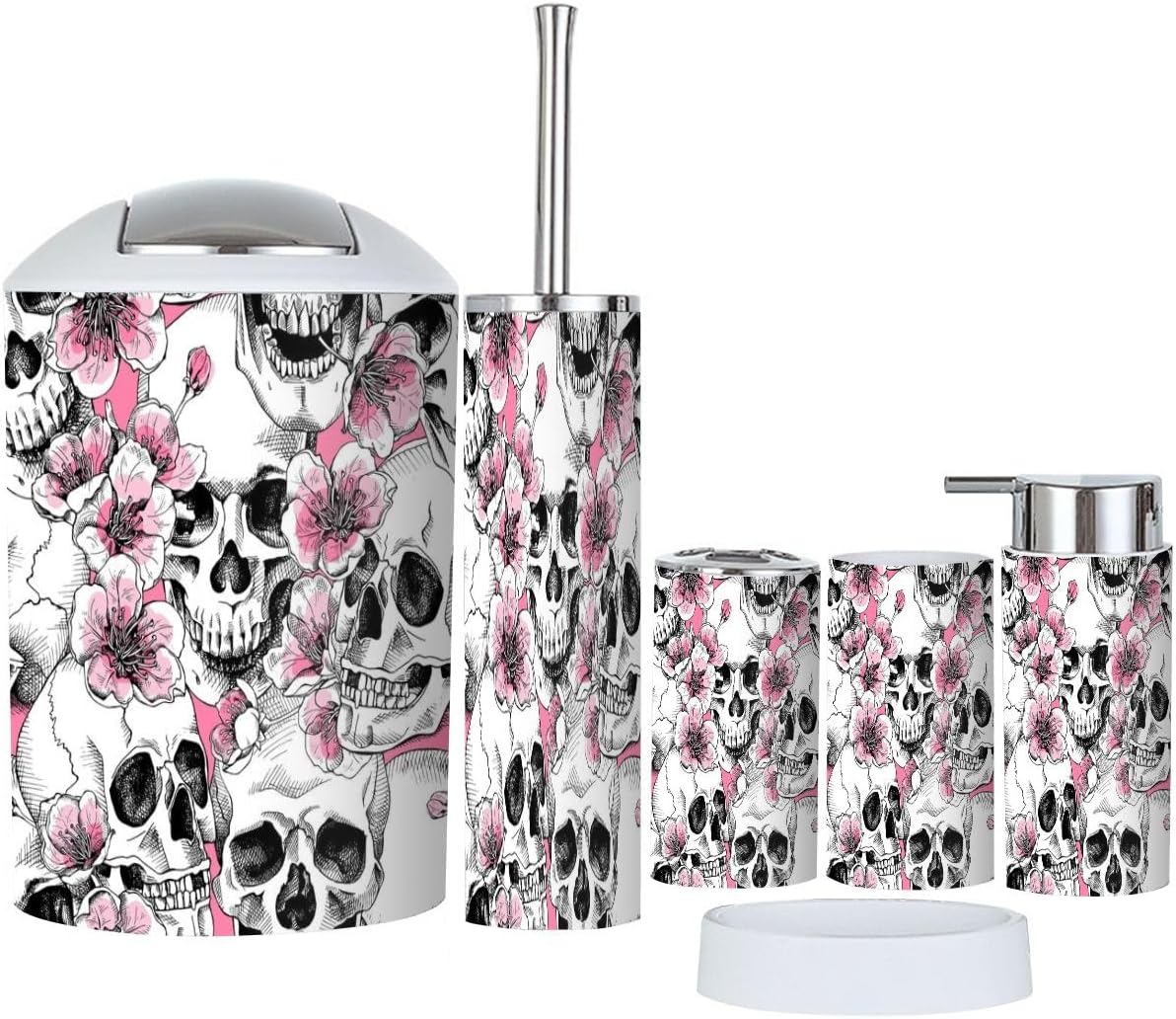 6 Pcs Bathroom Accessories Set Skull Flowers Toothbrush Holder Soap Dispenser