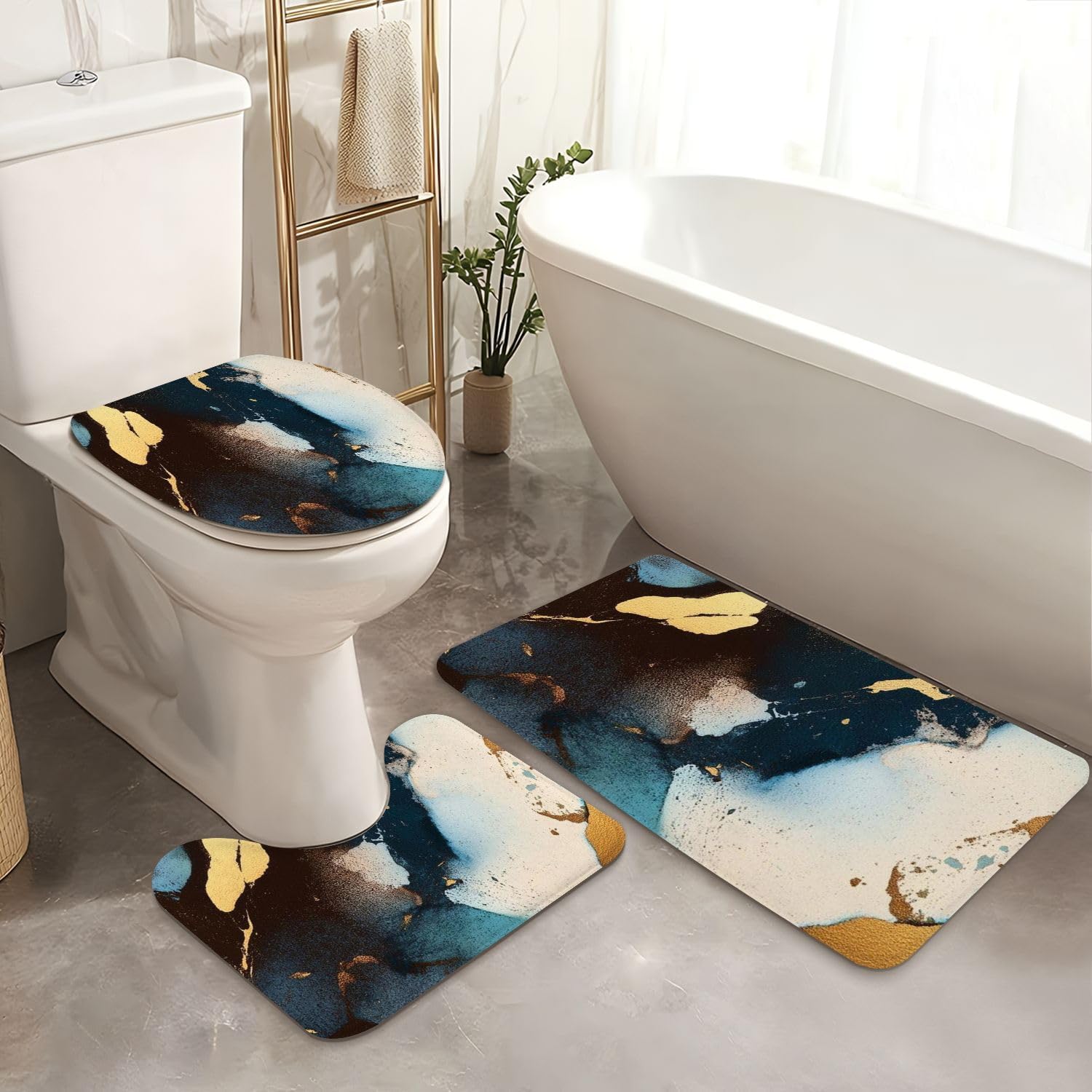 4 Piece Luxury Shower Curtain Set with Rugs and Mats
