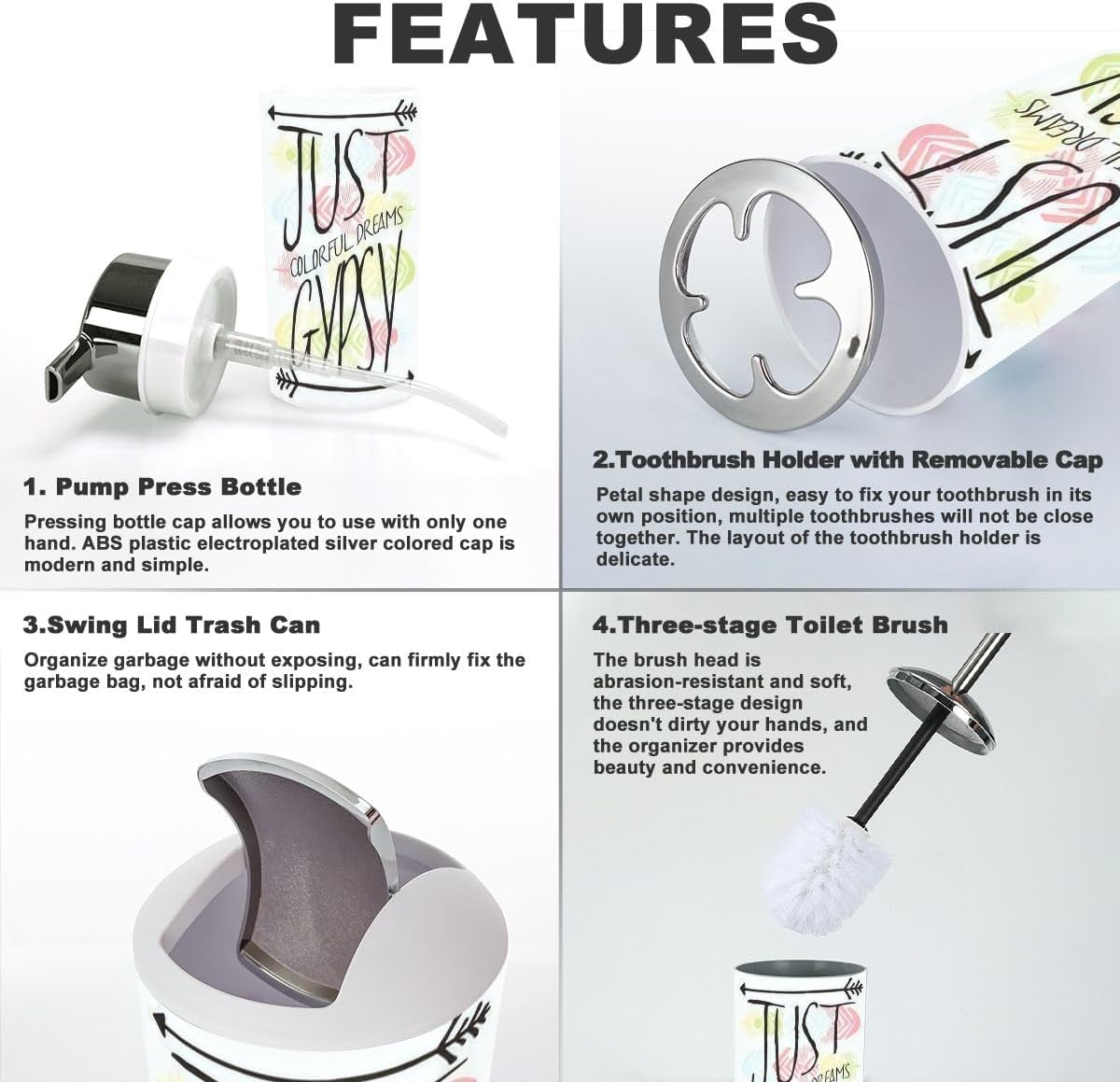 JBNJANKDAV 6 Pcs Bathroom Accessories Set with Ethnic Feathers Design