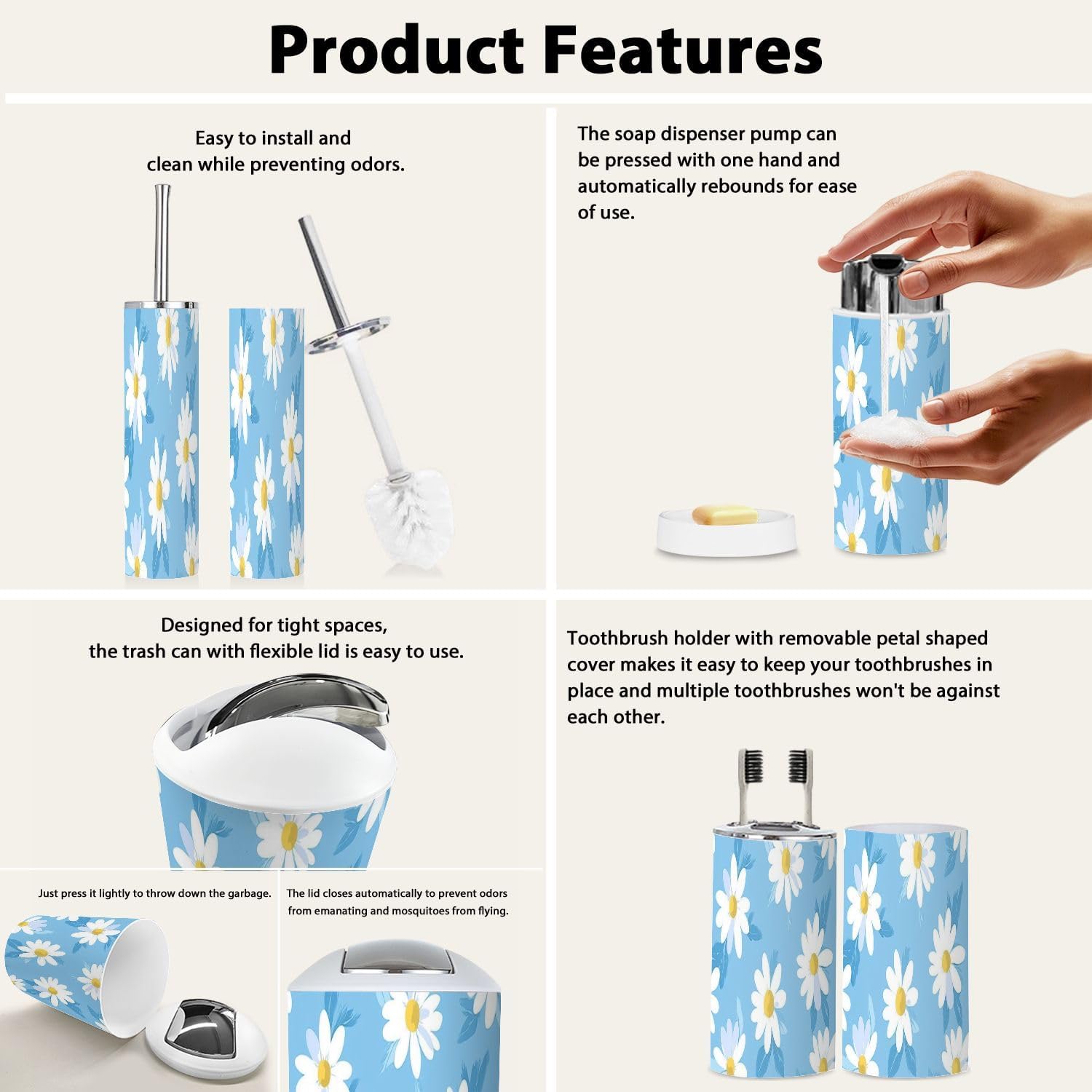 Boho Blue Daisy Bathroom Accessory Set 6 Piece