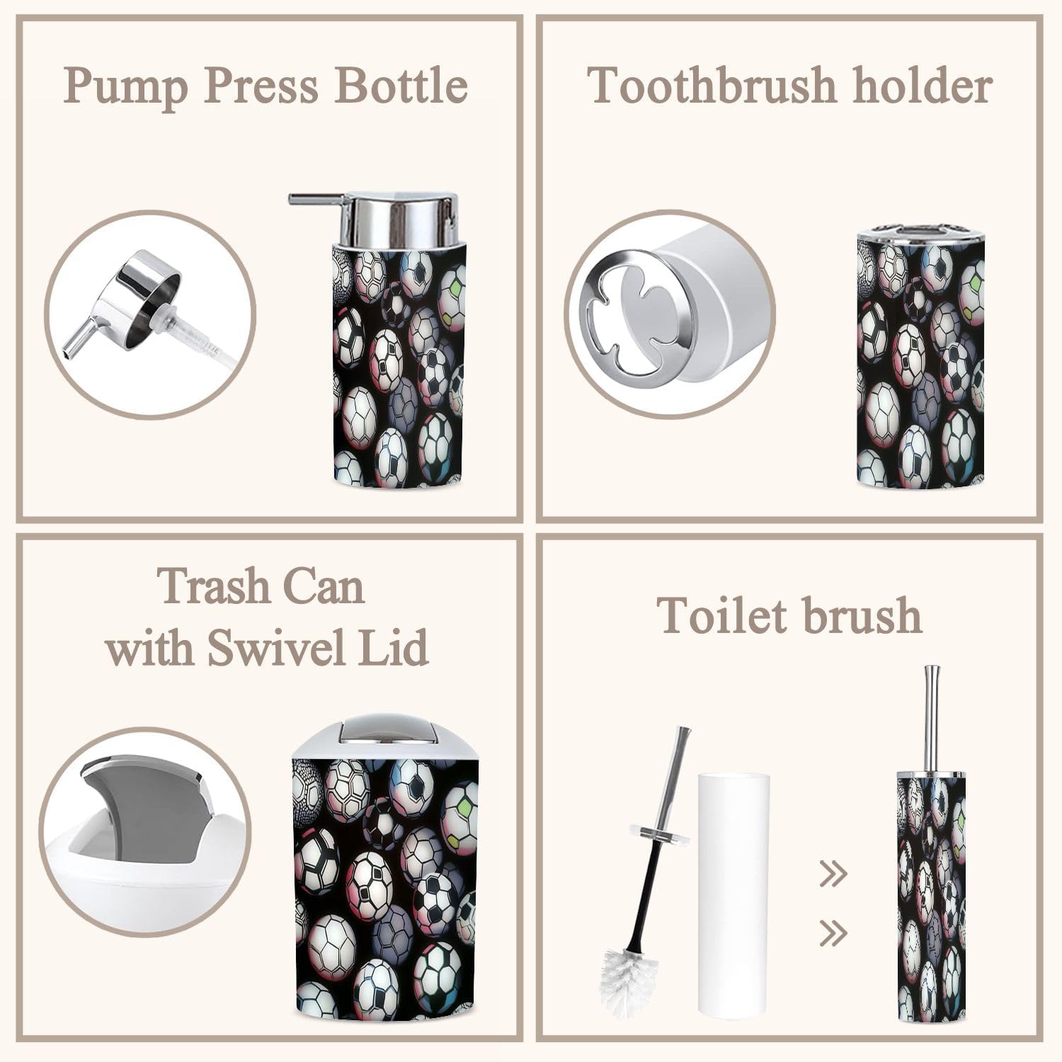 6 Piece Boho Bathroom Accessories Set with Soccer Ball Design