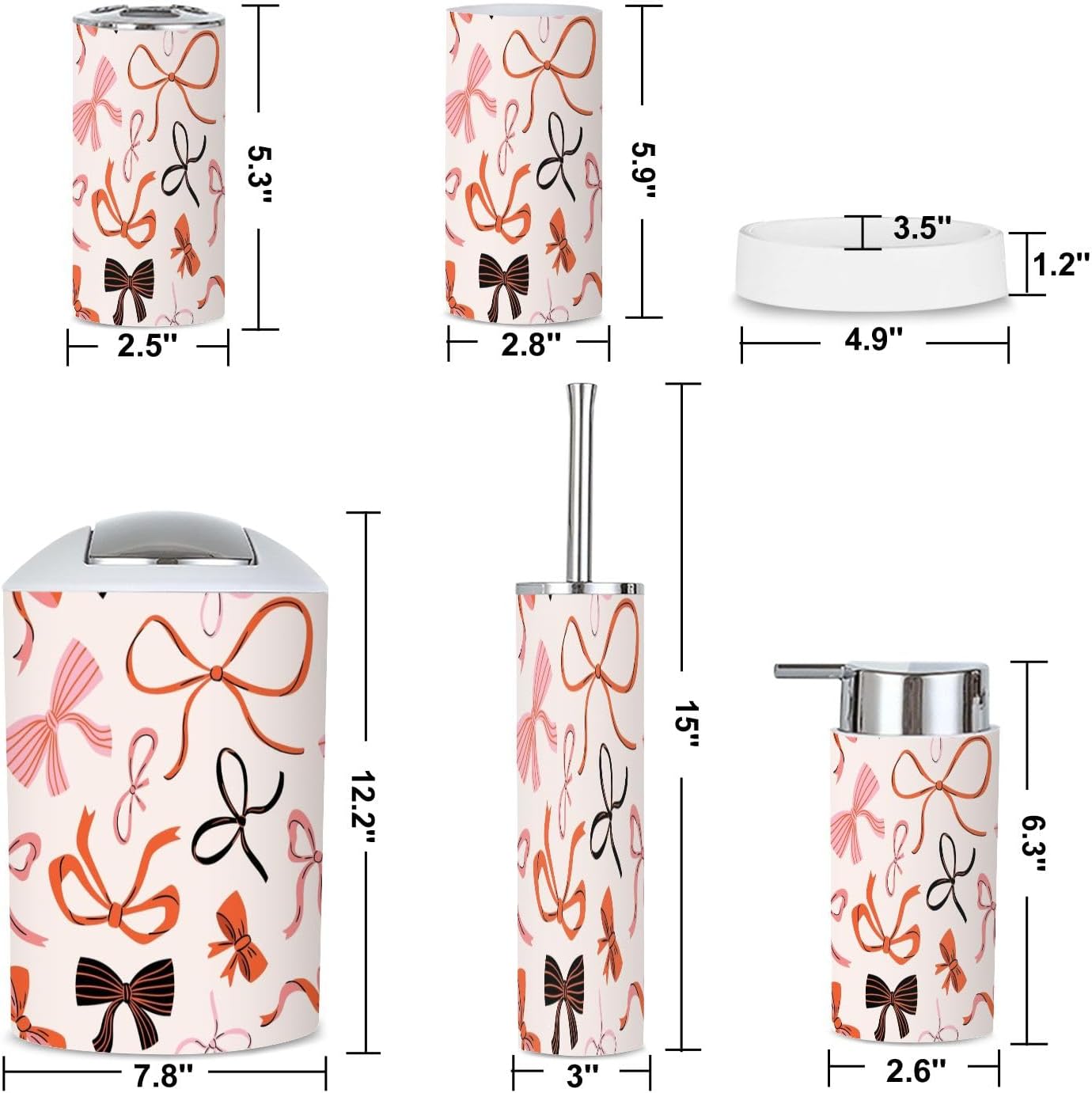 6 Piece Boho Bathroom Accessories Set with Red Bow Knots 1