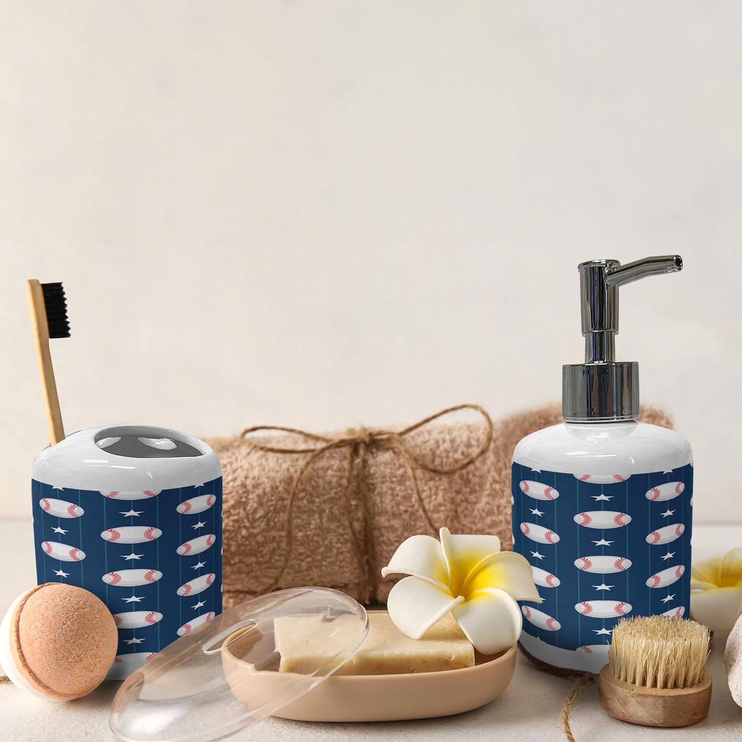 Ambesonne Sports Soap Dispenser and Toothbrush Holder Set 1