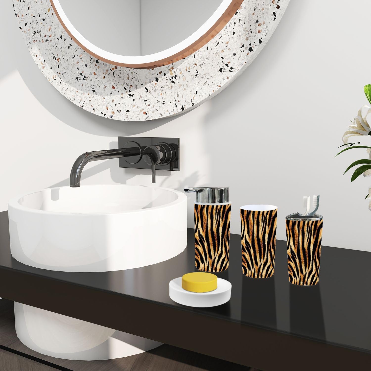 TRANQDEHOM 6-Piece Boho Tiger Skin Pattern Bathroom Accessory Set