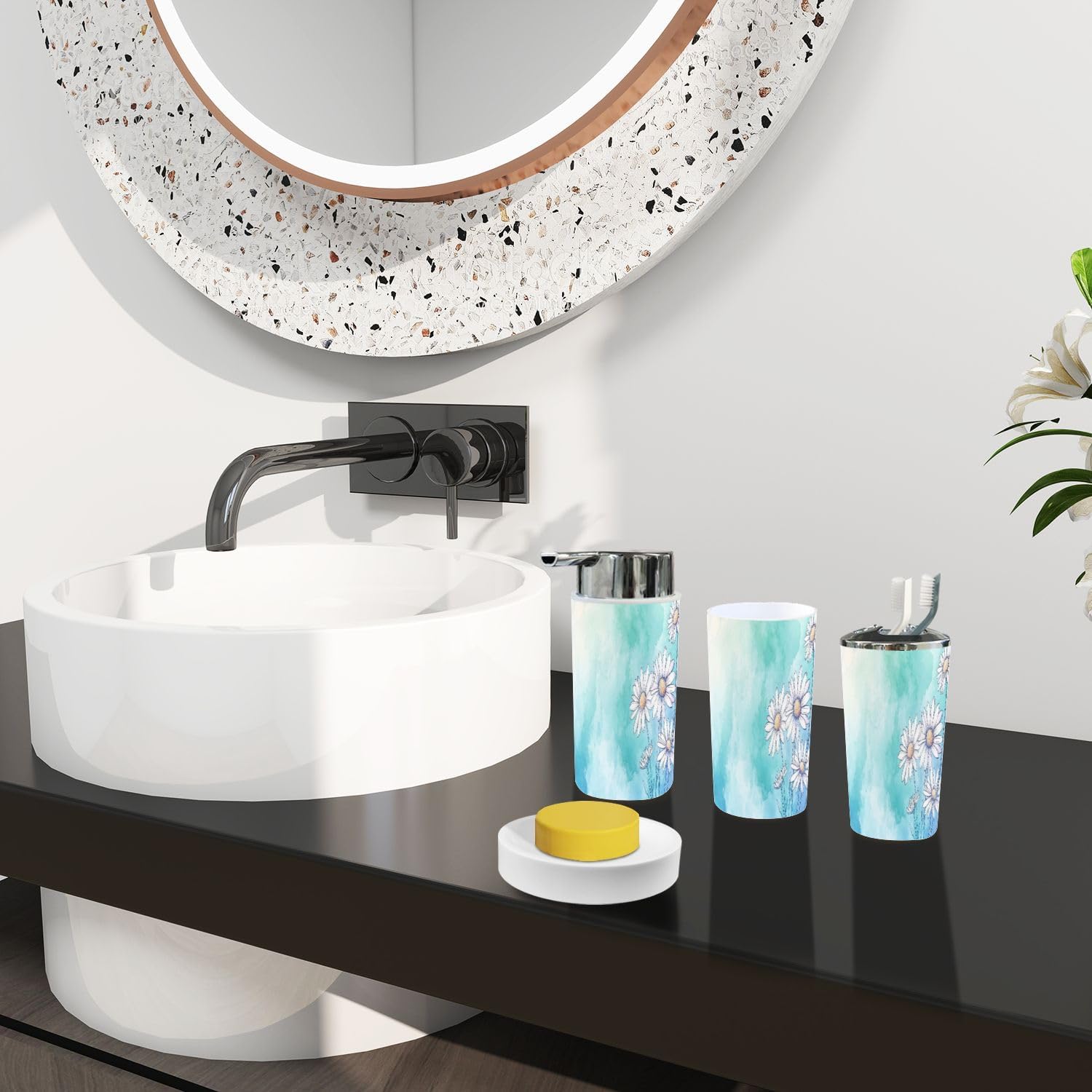 Boho White Daisies Bathroom Accessory Set 6 Piece 1