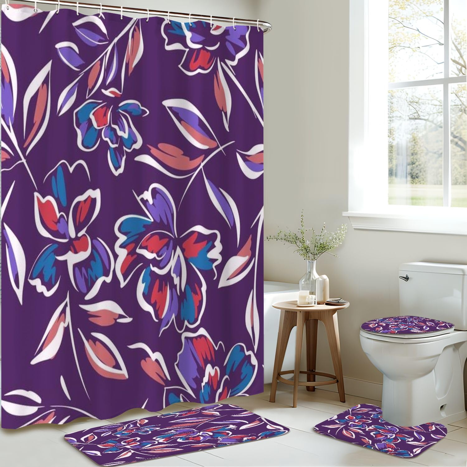JCOOKLOFTS 4 Piece Summer Floral Shower Curtain Set