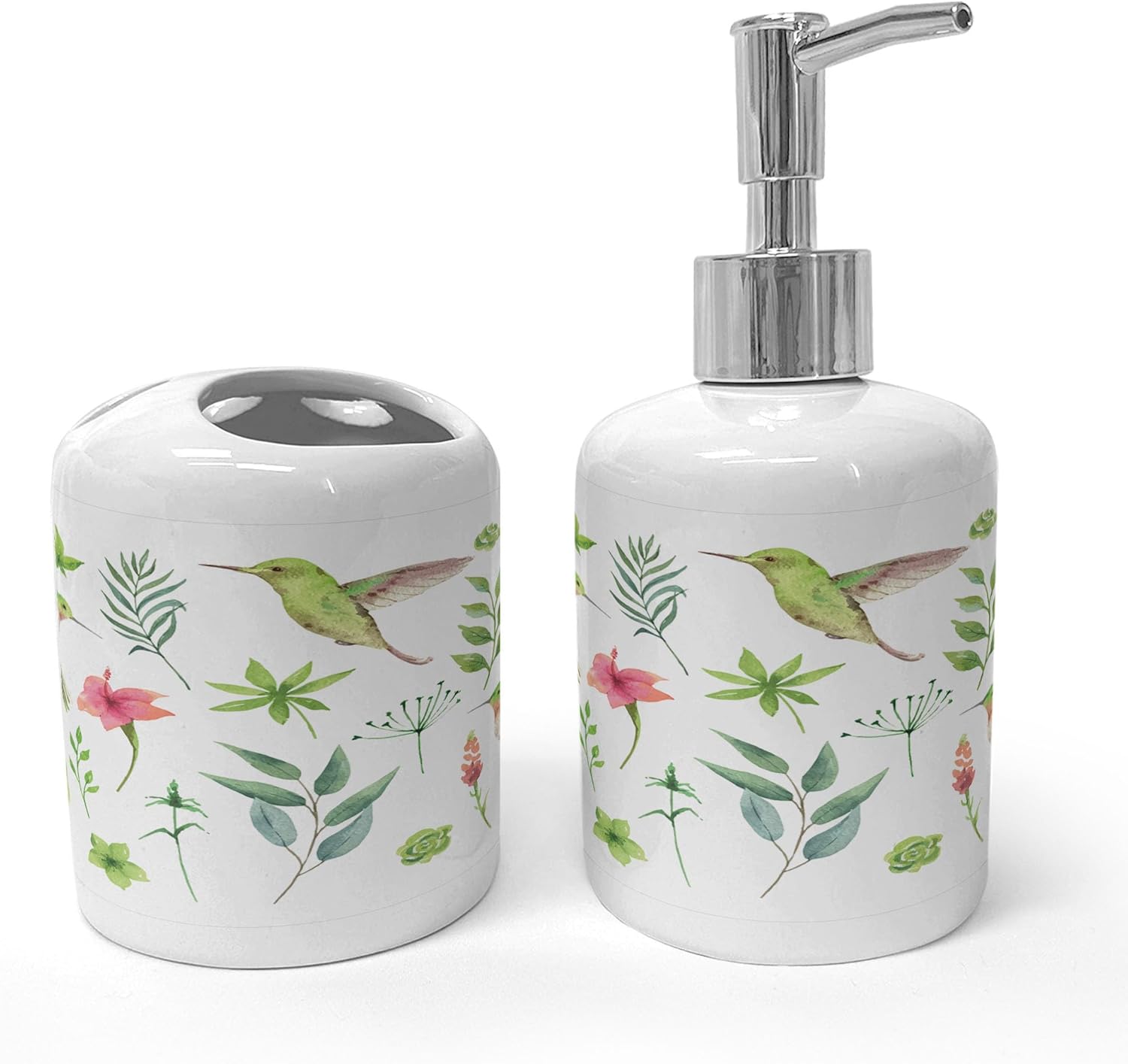 Ambesonne Hummingbird Soap Dispenser Toothbrush Holder Set 2 Pcs White Apple Green