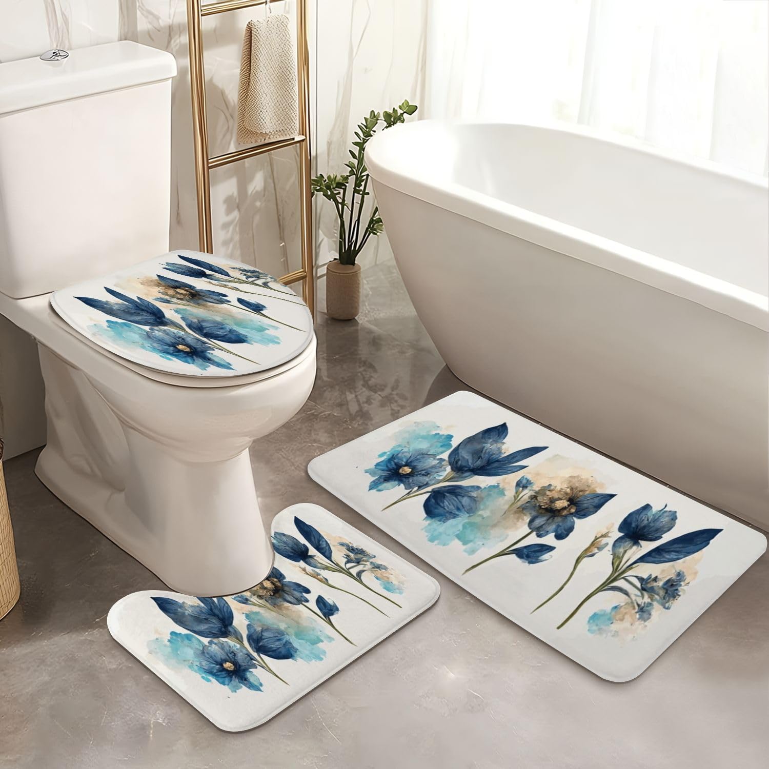 4 Piece Shower Curtain Set with Blue Flowers Design