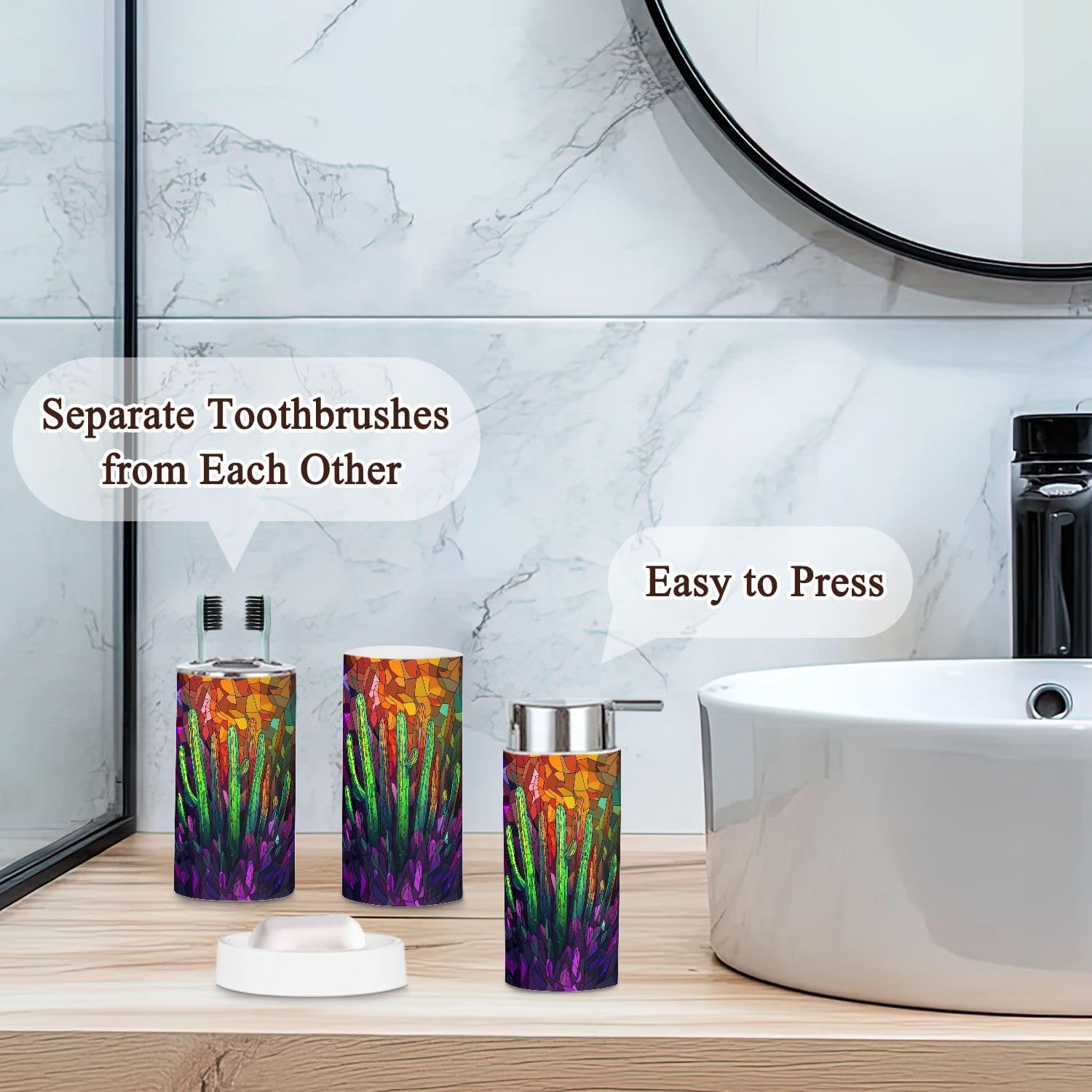 Modern Stained Glass Neon Cacti Bathroom Accessories Set