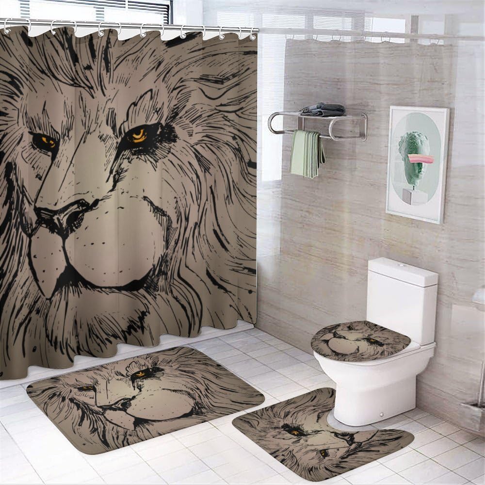 Kuizee 4 Piece Grunge Abstract Lion Shower Curtain Set with Non-Slip Rugs