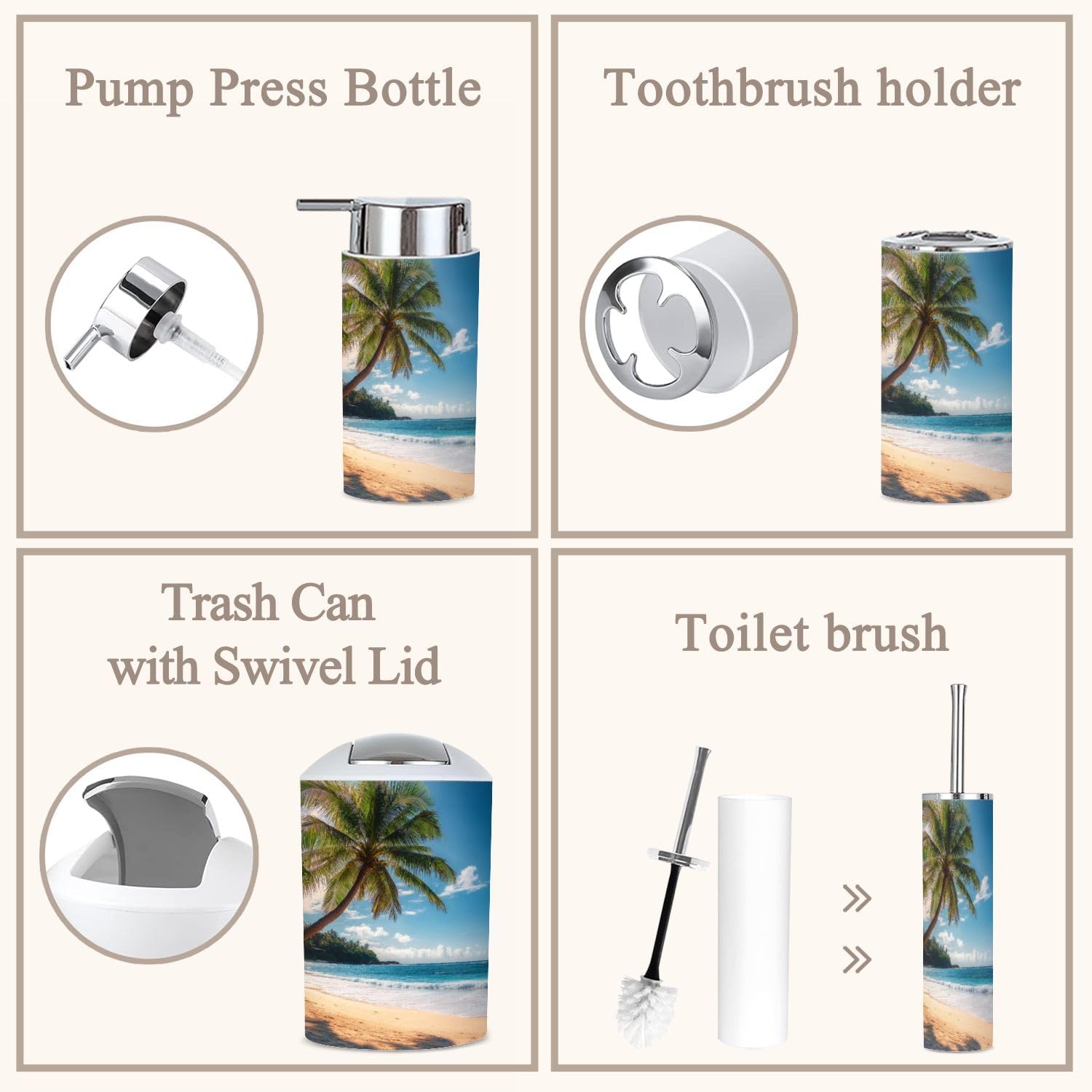 6 Piece Bathroom Accessories Set with Palm Trees Design 1