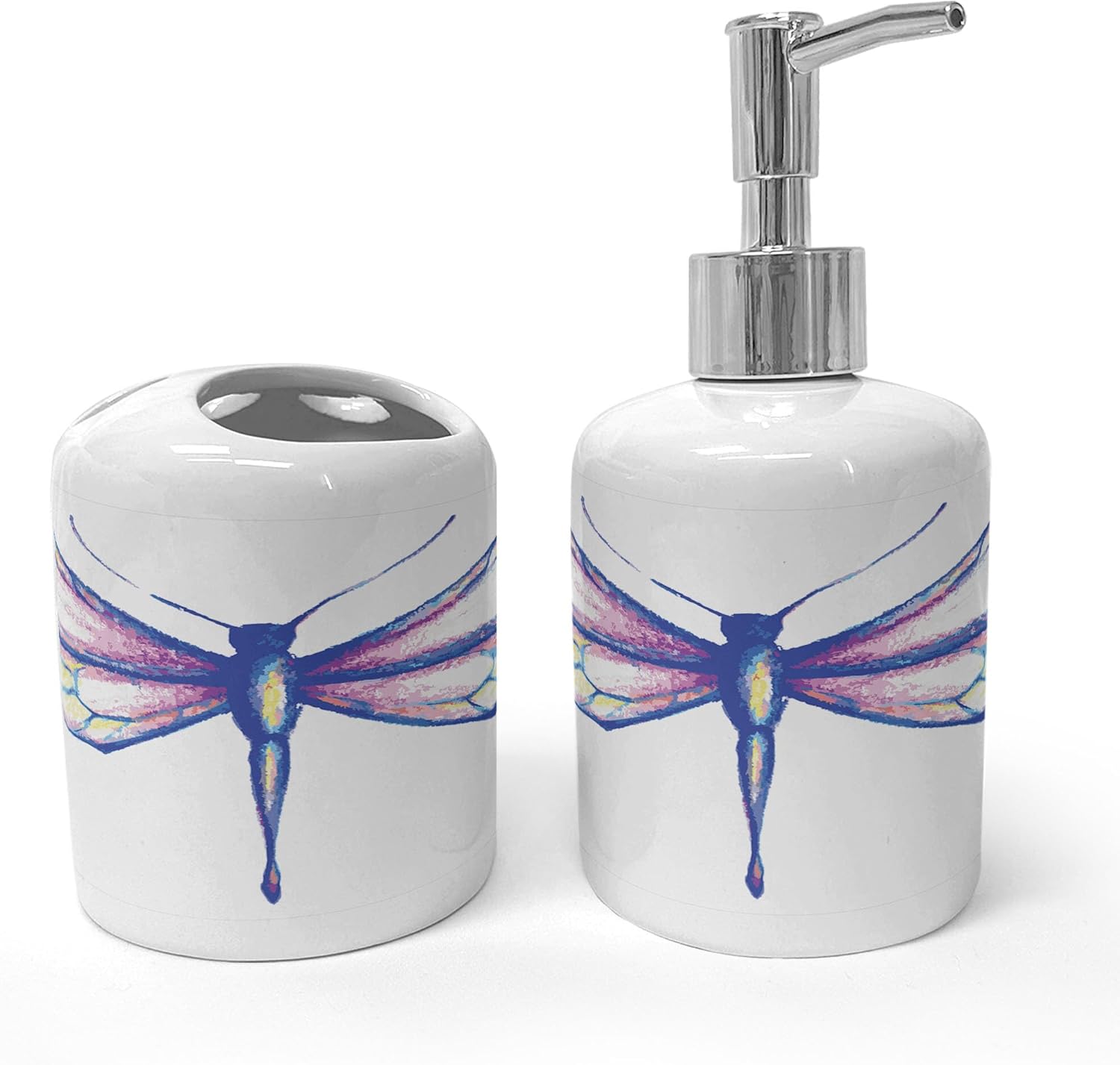 Ambesonne Dragonfly Ceramic Soap Dispenser Toothbrush Holder Set 2 Pcs