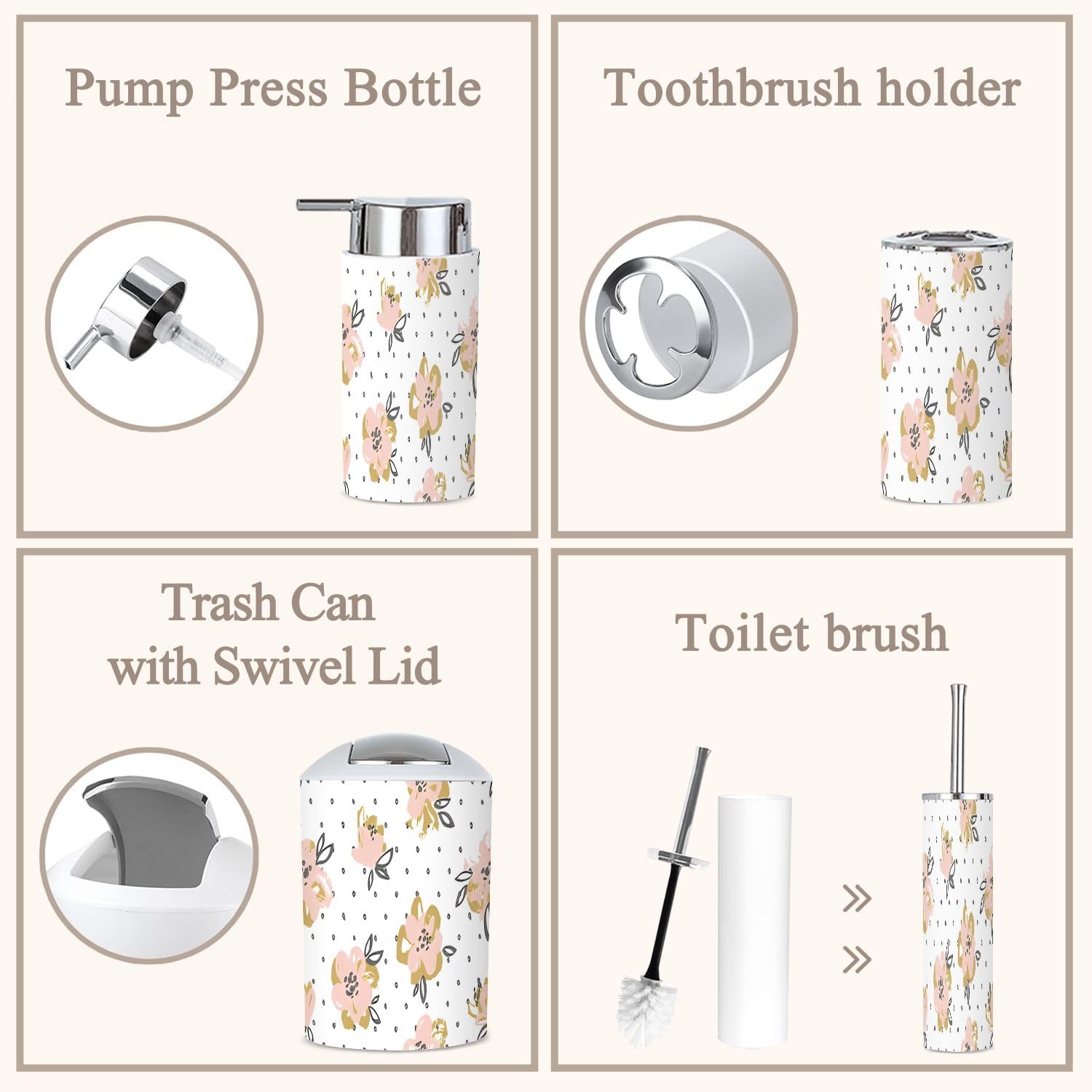 6 Piece Bathroom Accessory Set Pink Gold Floral Design