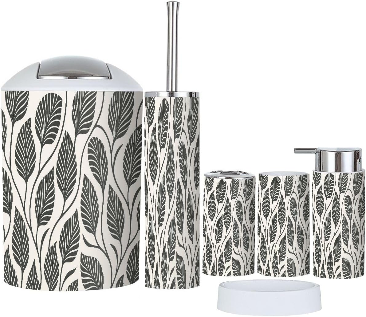Boho Black Abstract Floral Trash Can Accessories Set