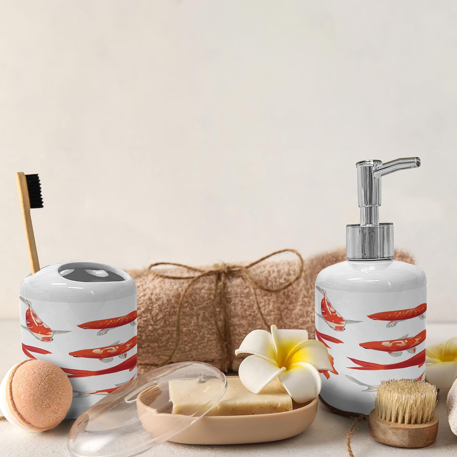 Ambesonne Koi Fish Soap Dispenser Toothbrush Holder Set 1