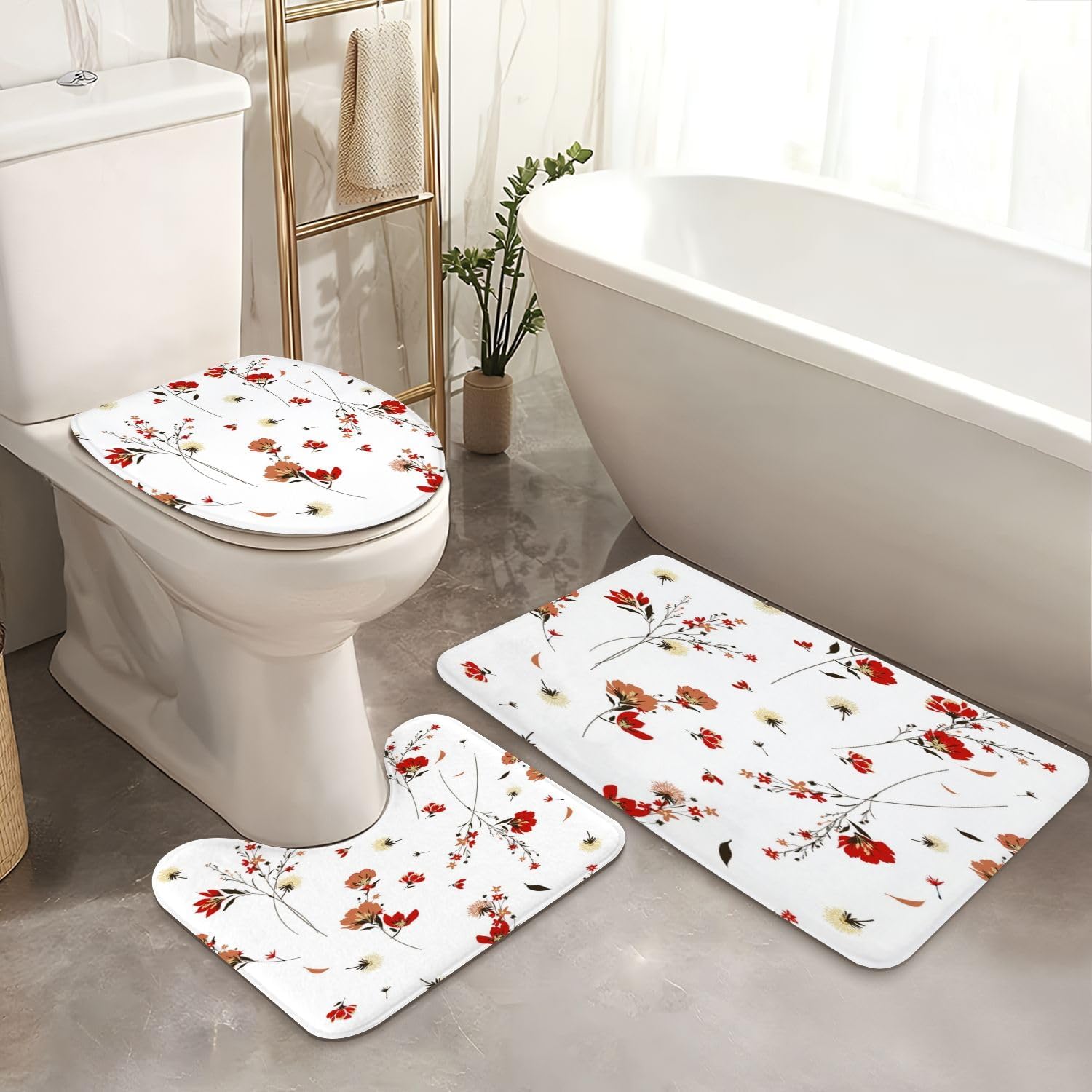 4-Piece Shower Curtain Set with Retro Wild Flowers Pattern