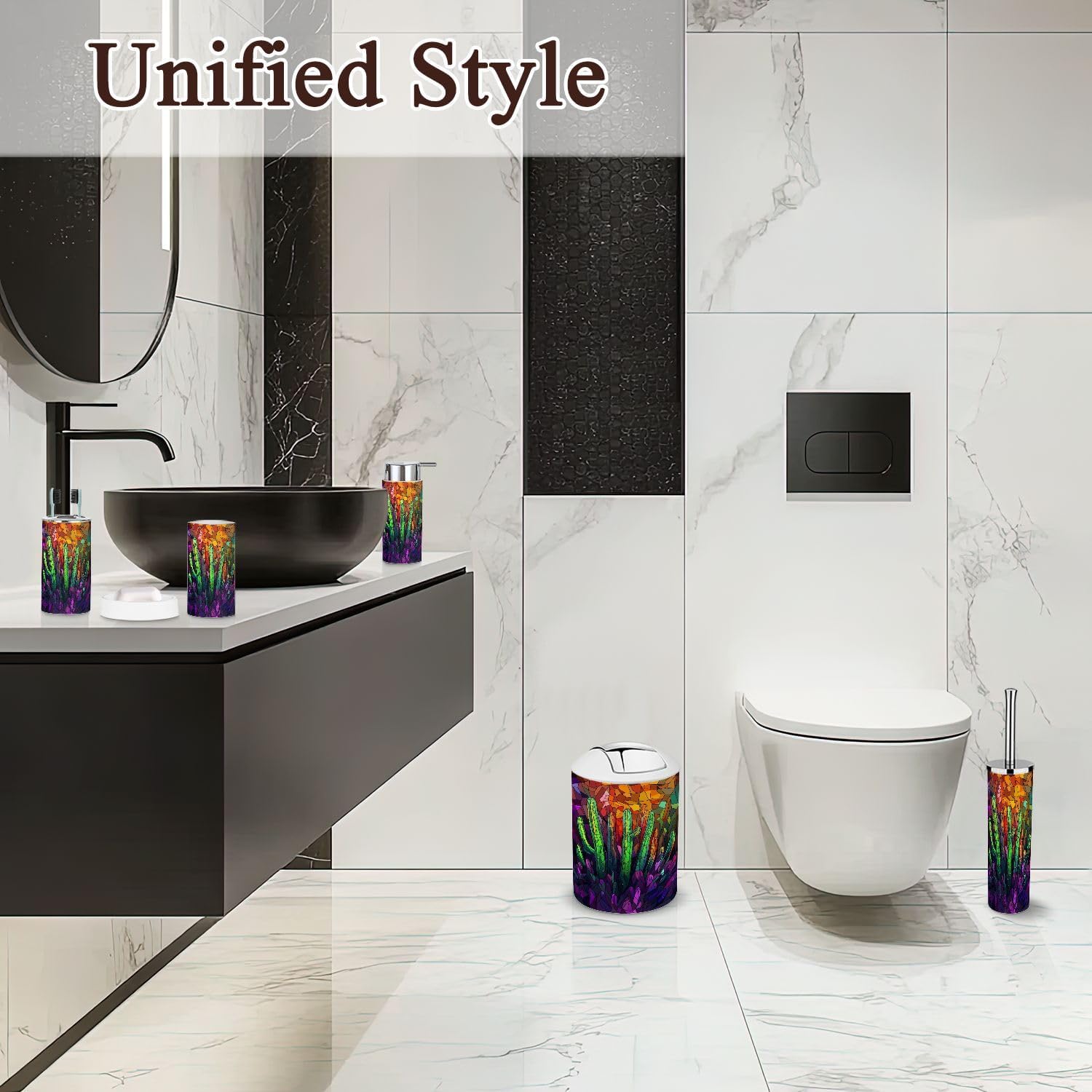 Modern Stained Glass Neon Cacti Bathroom Accessories Set