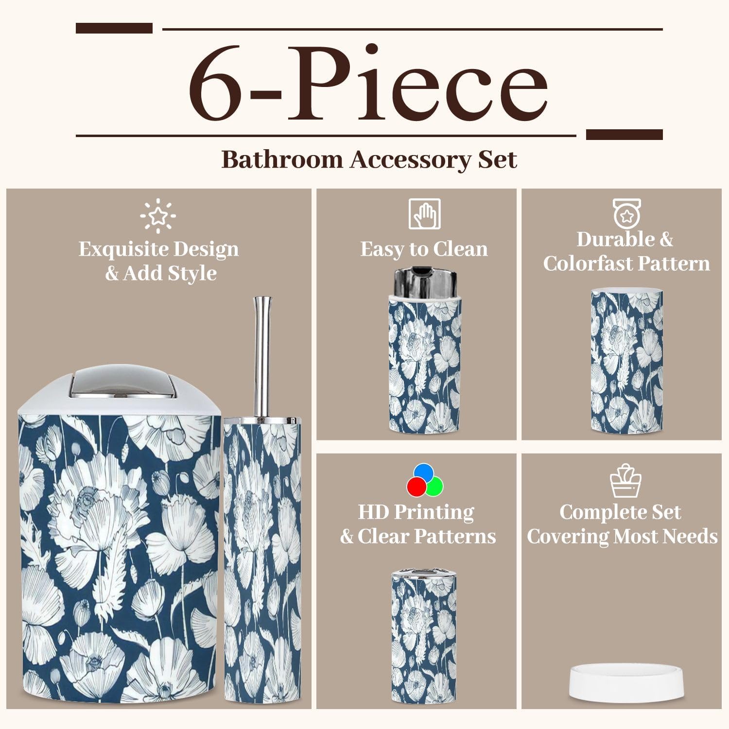 6 Piece Monochrome Bathroom Accessories Set