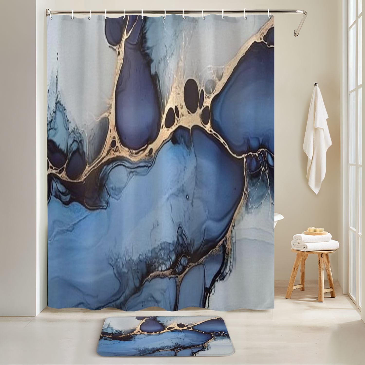 4 Piece Shower Curtain Set with Rugs Mats and Foamy Sprays Pattern