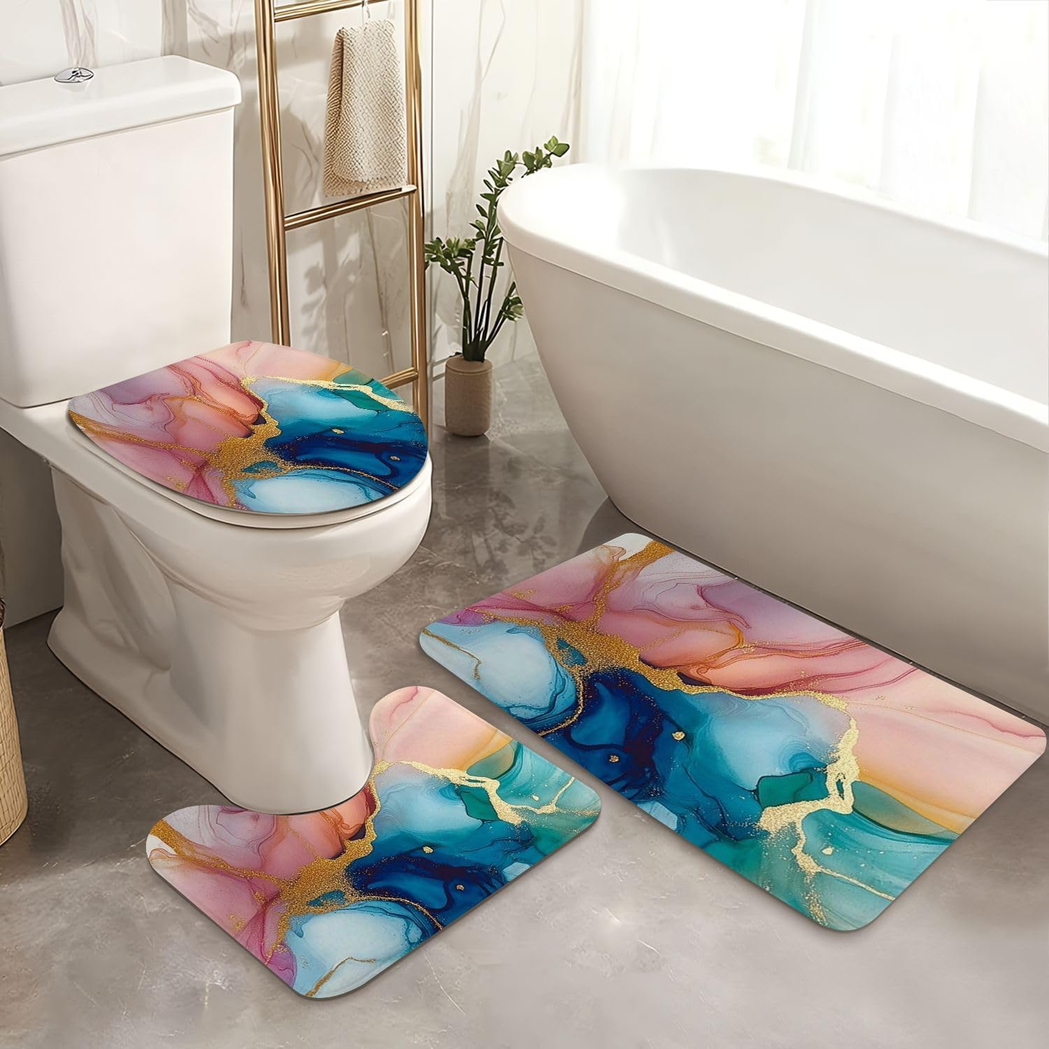4 Piece Shower Curtain Set with Non-Slip Mats