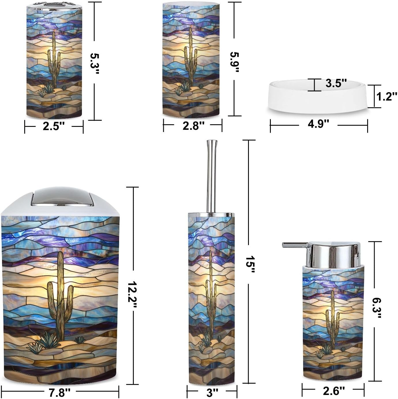 6 Piece Bathroom Accessories Set with Desert Landscape Cactus Design