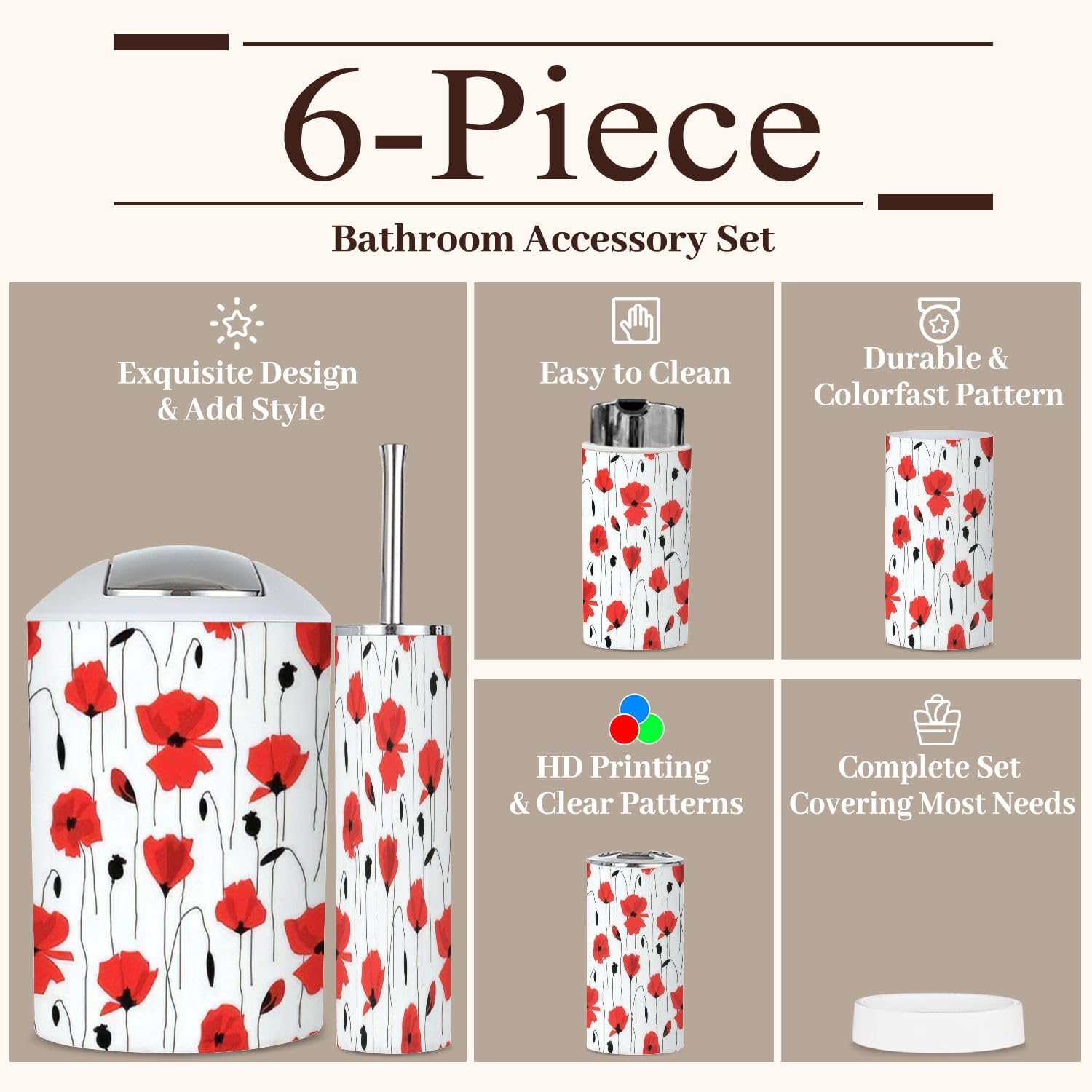 6 Piece Red Flower Bathroom Accessories Set