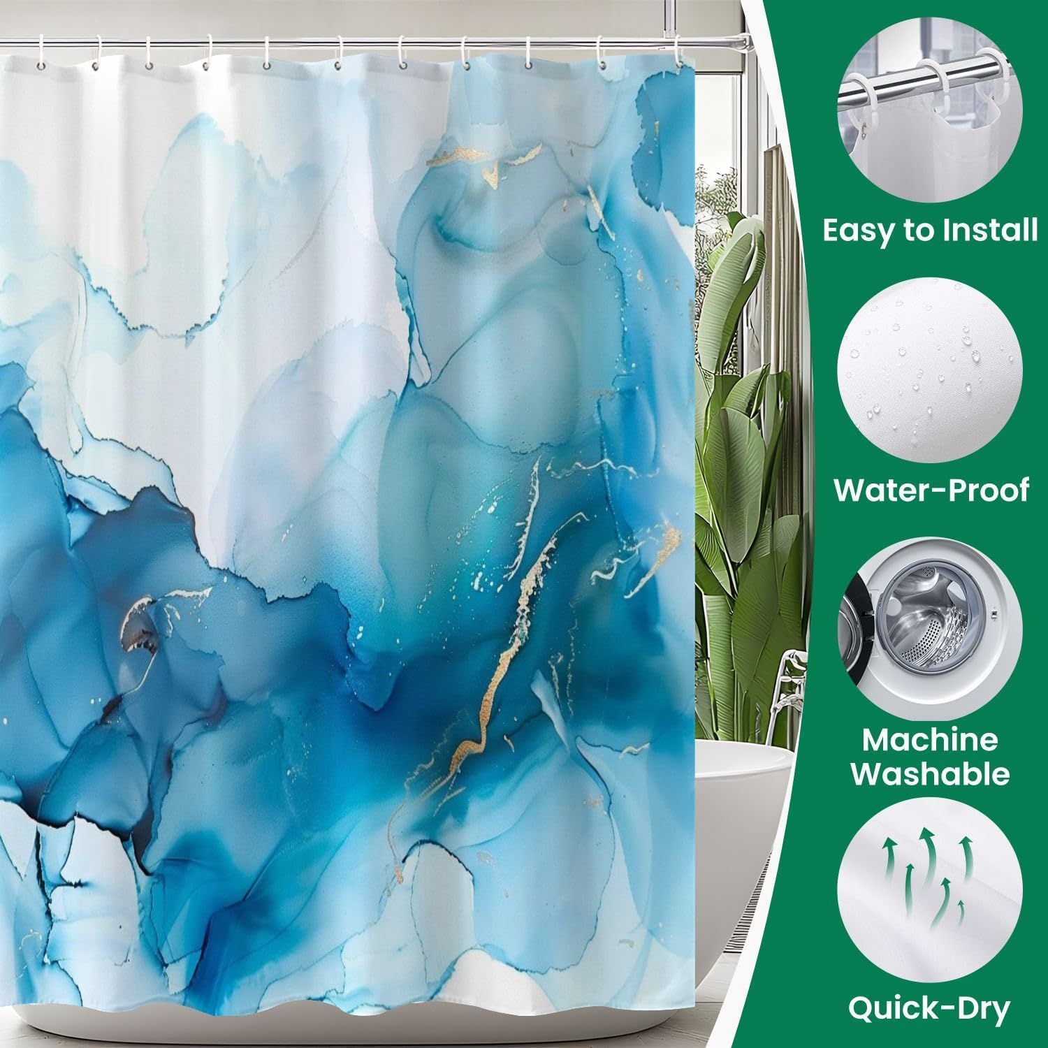 4-Piece Shower Curtain Set with Rugs and Mats Cyan Blue Pattern
