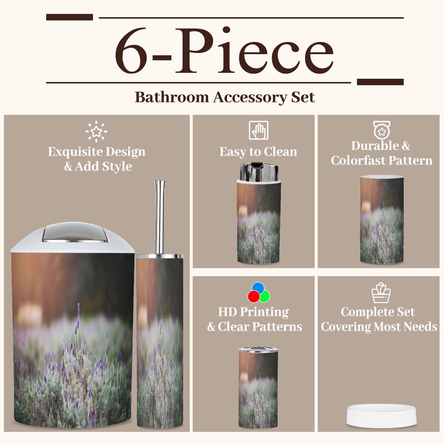 6 Piece Lavender Sunset Bathroom Accessories Set