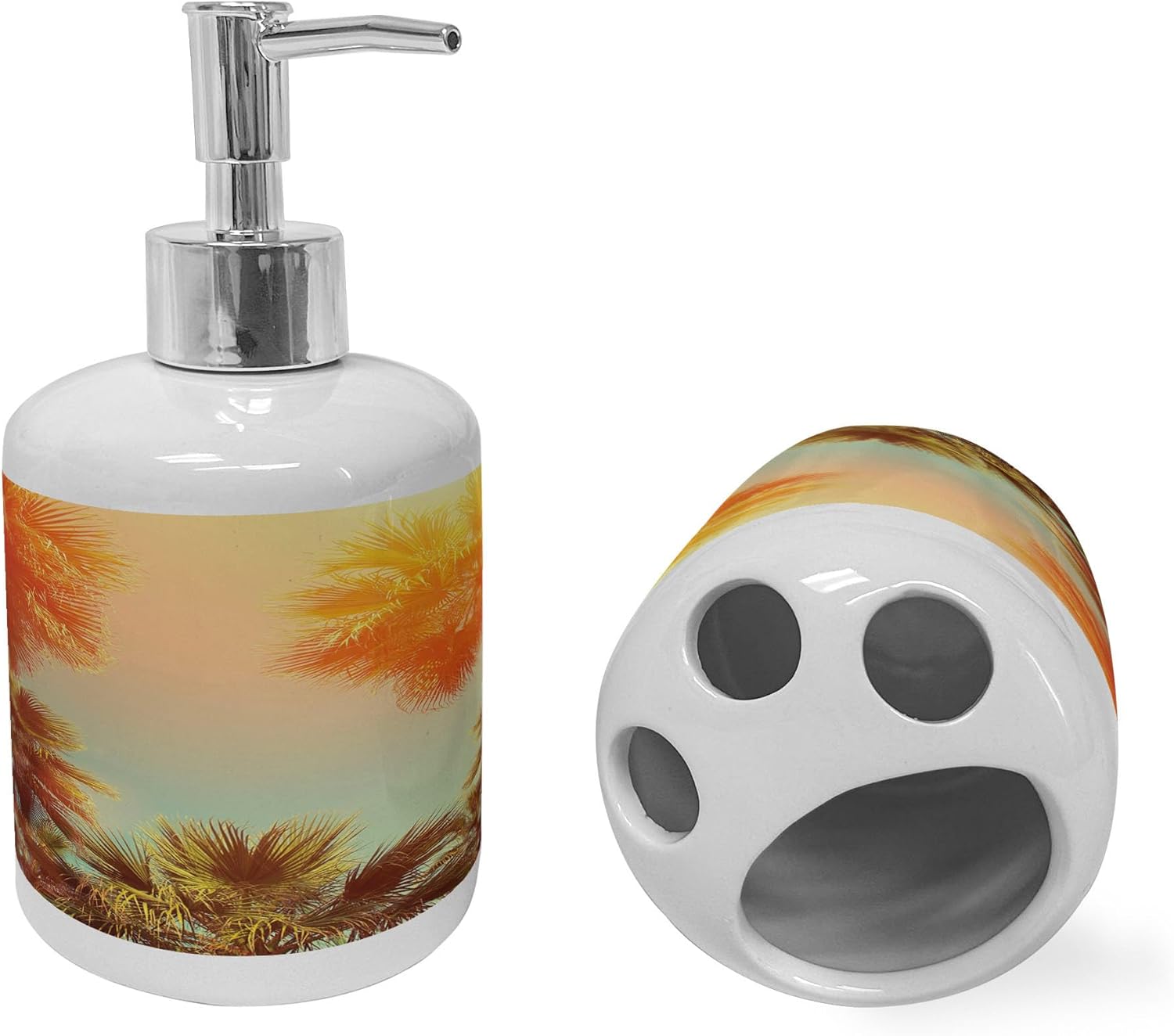 Ambesonne Ceramic Soap Dispenser Toothbrush Holder Set Orange Green