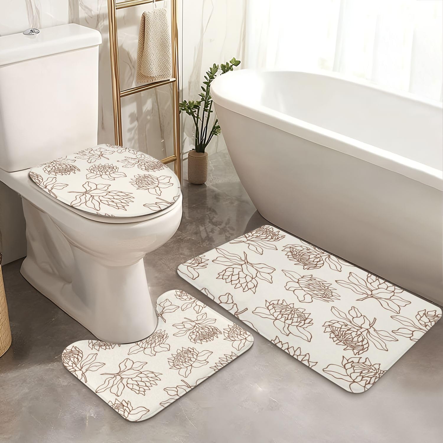 4 Piece Shower Curtain Set with Non-Slip Rugs and Mats