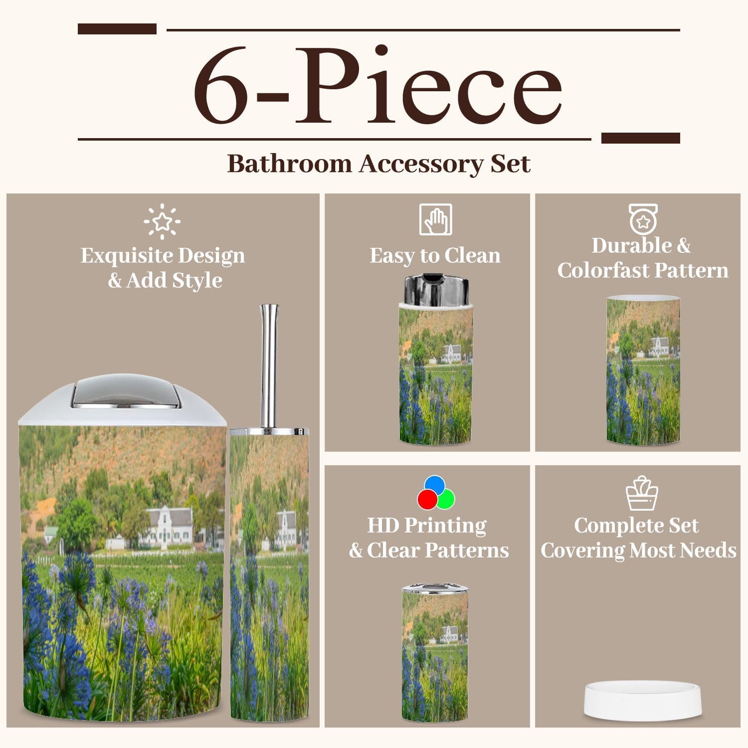 6 Piece Boho Bathroom Accessories Set with Flower Design