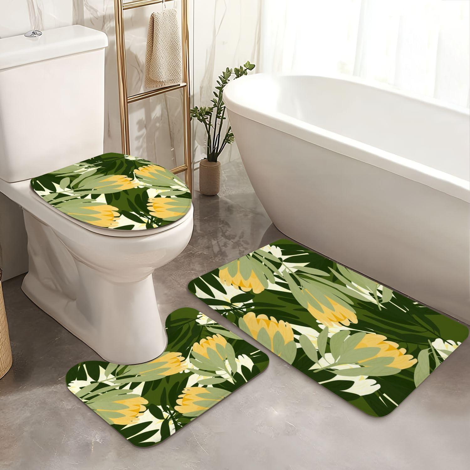 4 Piece Botanic Floral Shower Curtain Set with Rugs