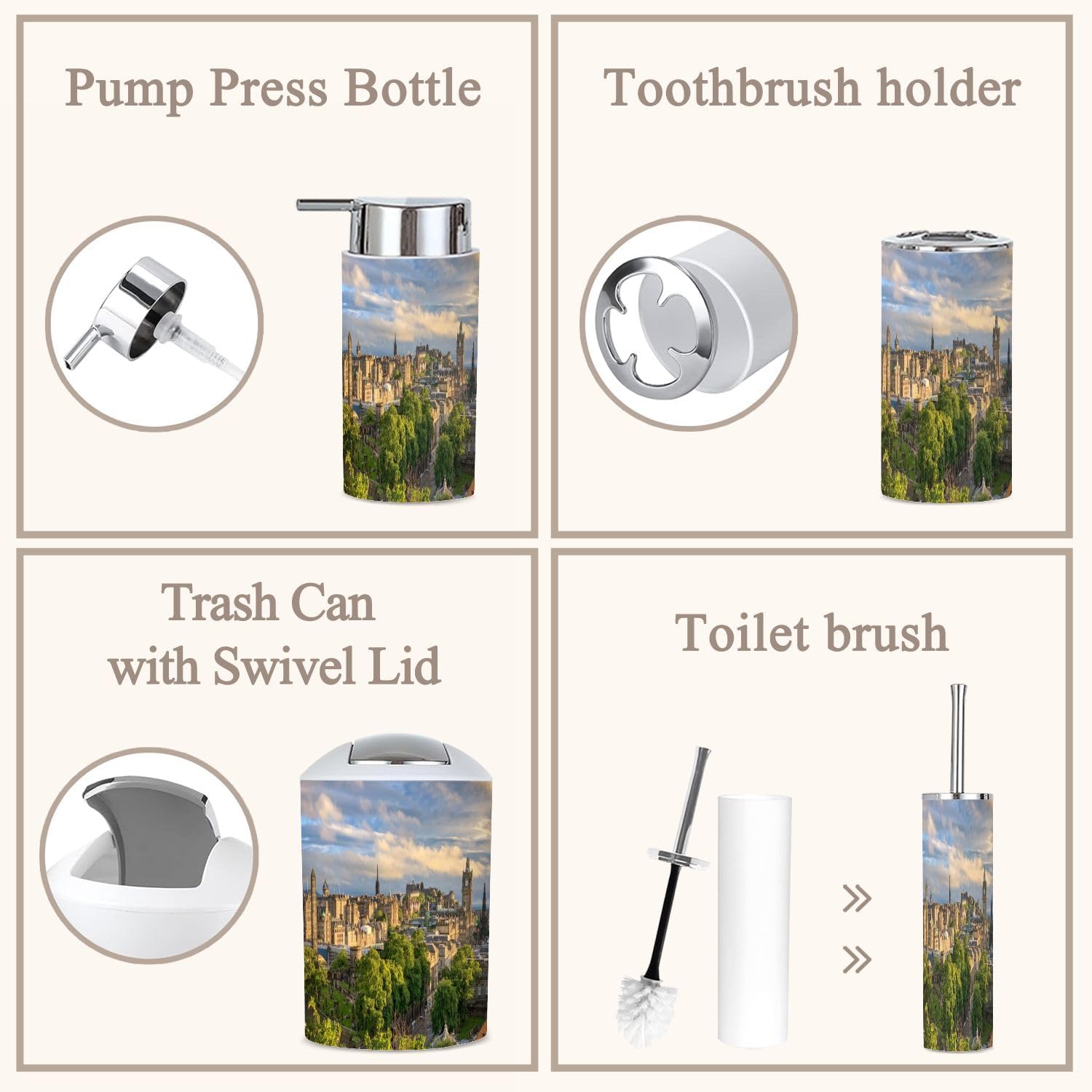 6 Piece Bathroom Accessories Set with Skyline Sunset Design