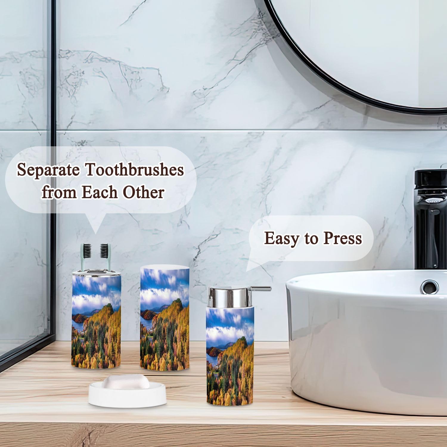 6 Piece Boho Bathroom Accessories Set with Scottish Highlands Design