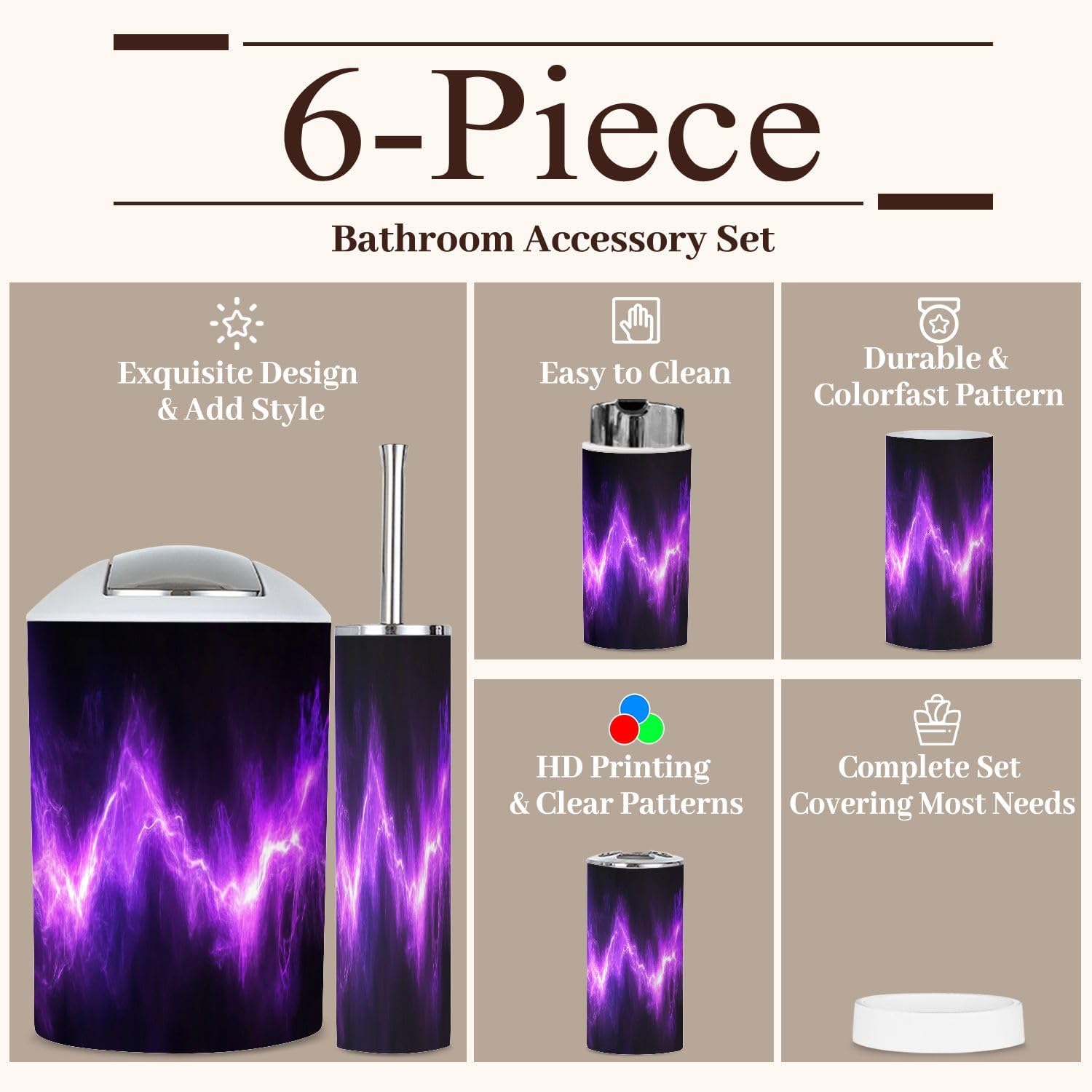 6 Piece Bathroom Accessories Set with Neon Purple Design