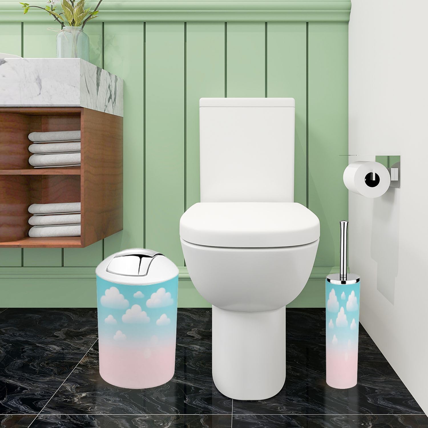 Boho Cloud Trash Can Toothbrush Holder Set