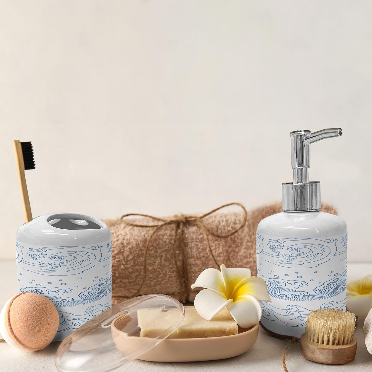 Ambesonne Nautical Soap Toothbrush Holder Set Blue White Monochrome Design