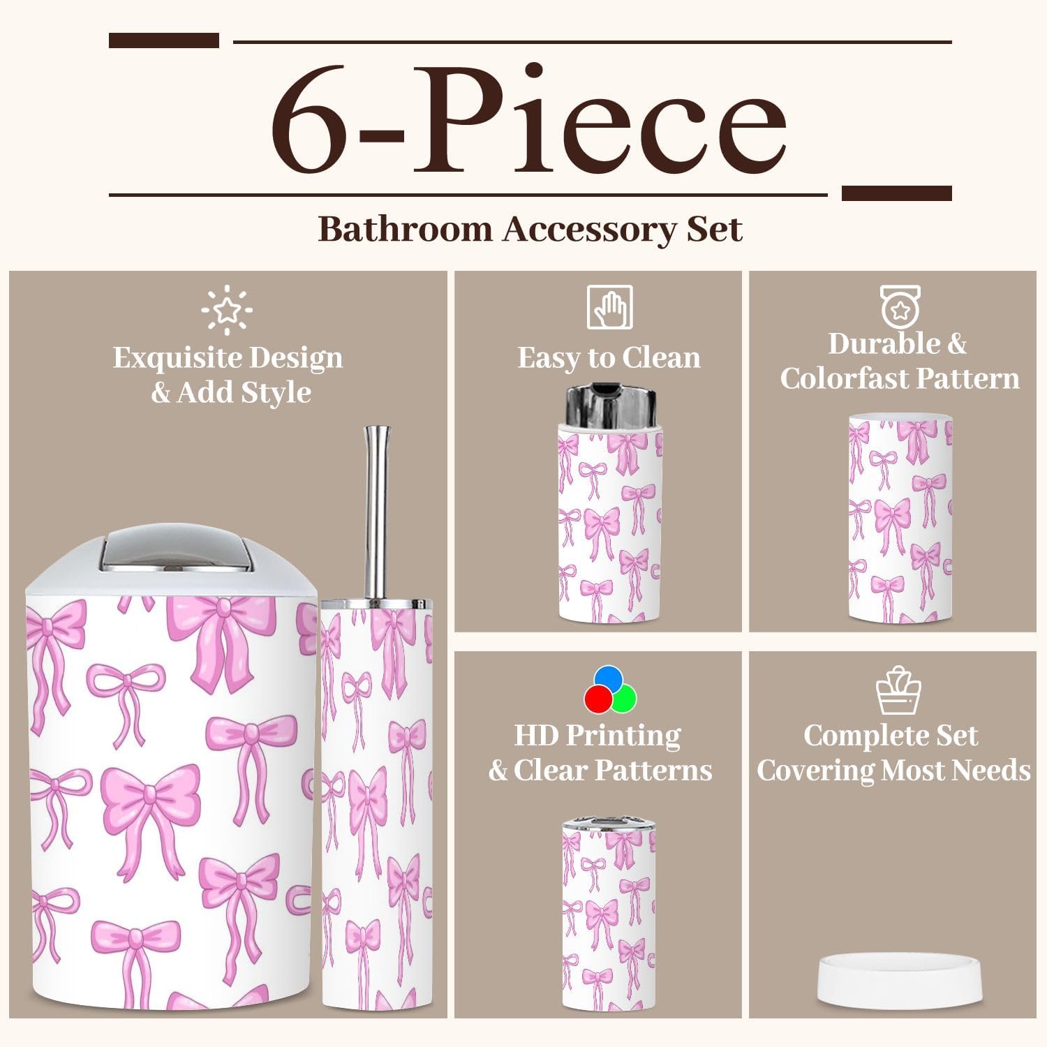 6-Piece Bathroom Accessories Set with Pink Bow Ribbon