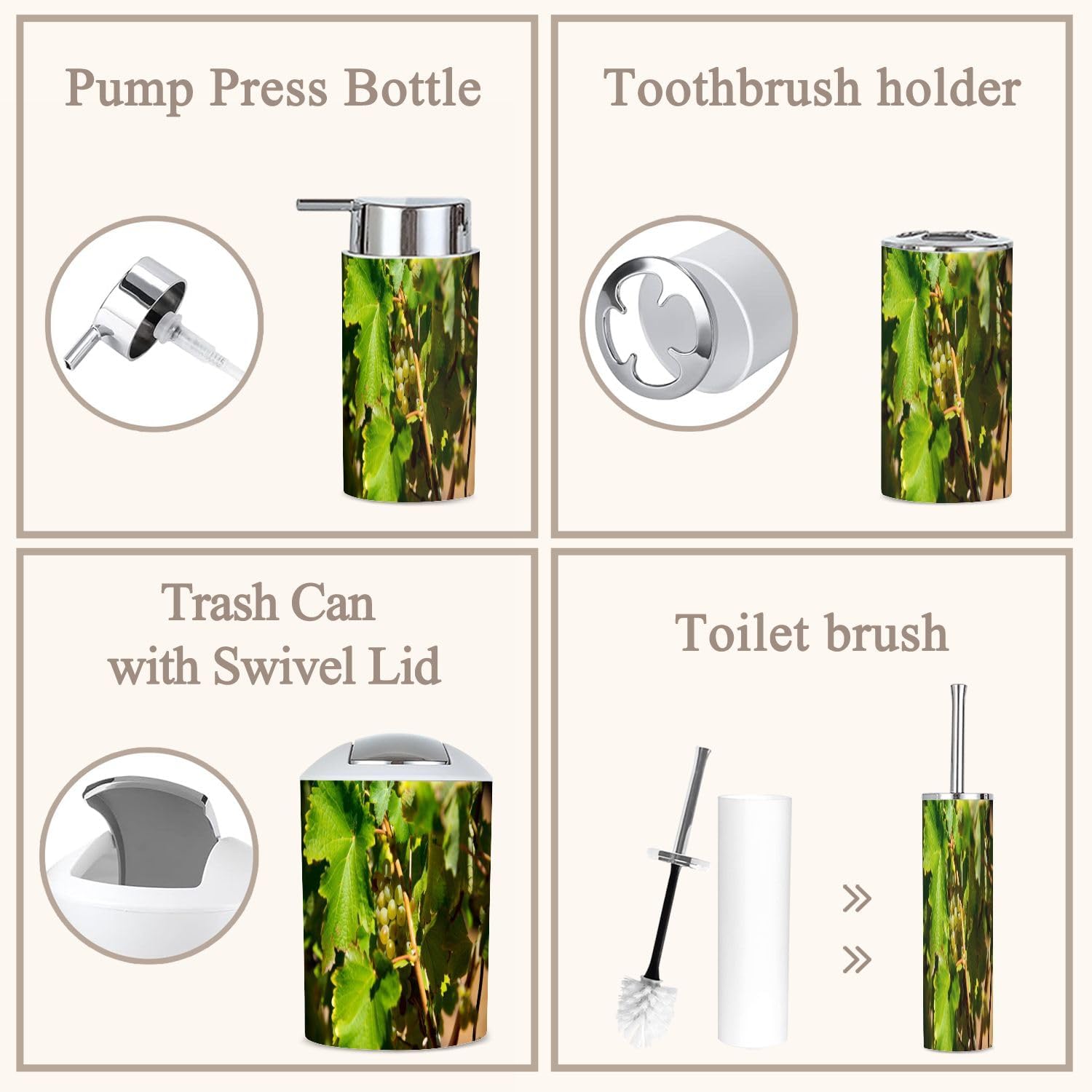 6 Piece Bathroom Accessories Set in Ripe White Grapes