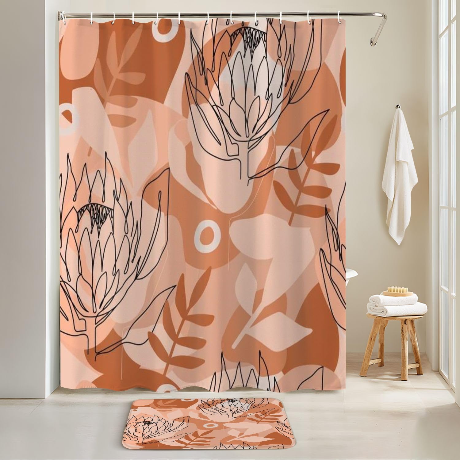 4 Piece Shower Curtain Set with Rugs and Mats Terracotta Pattern