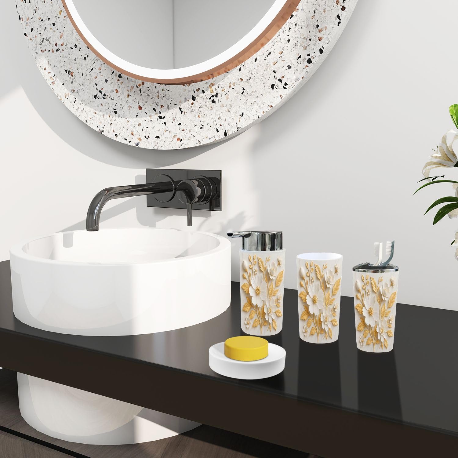 Boho White Gold 3D Flowers Bathroom Accessory Set 6 Piece