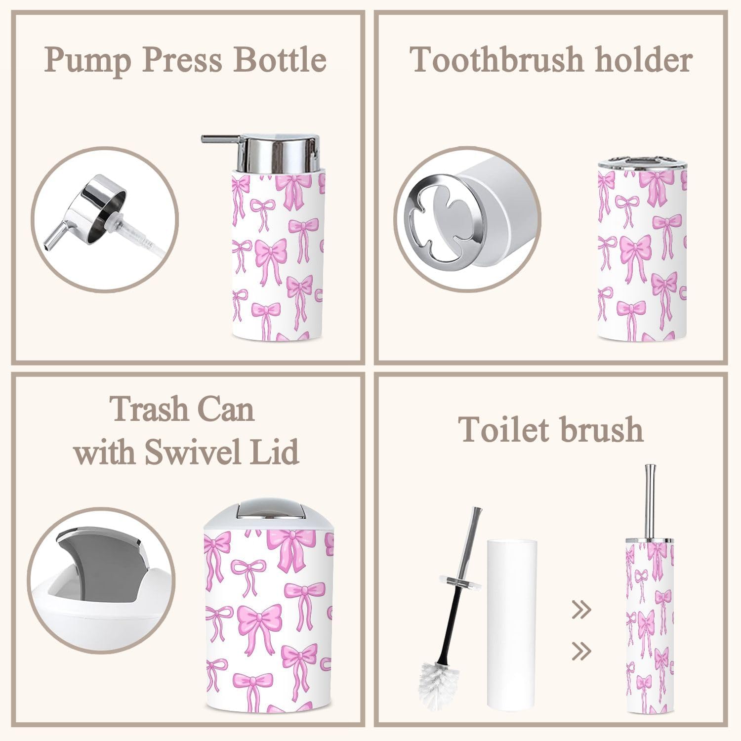 6-Piece Bathroom Accessories Set with Pink Bow Ribbon