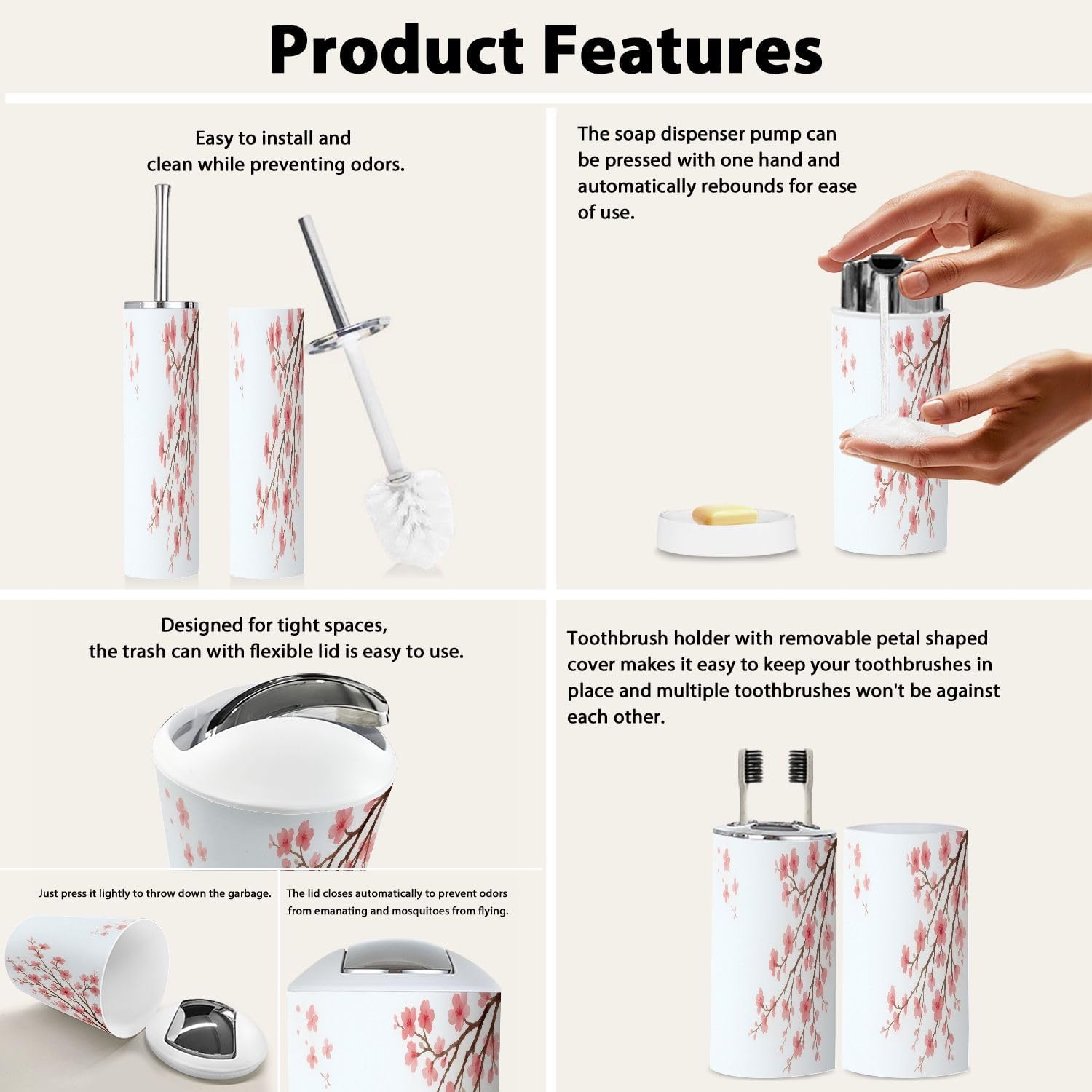 Boho Bathroom Accessory Set 6 Piece Cherry Blossom Design
